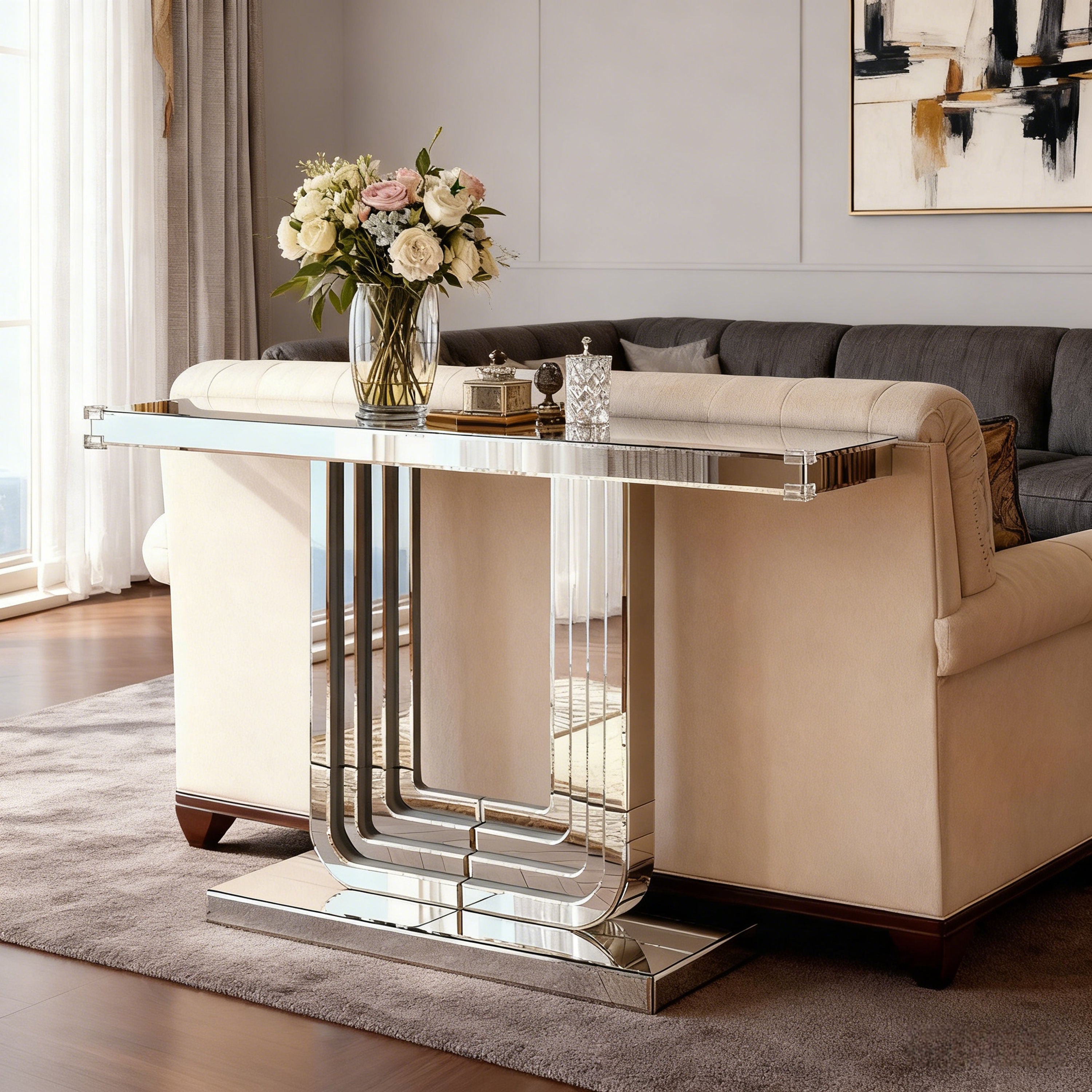 120cm Mirrored Console Table, Elegant U-Shaped Base, Silver Finish