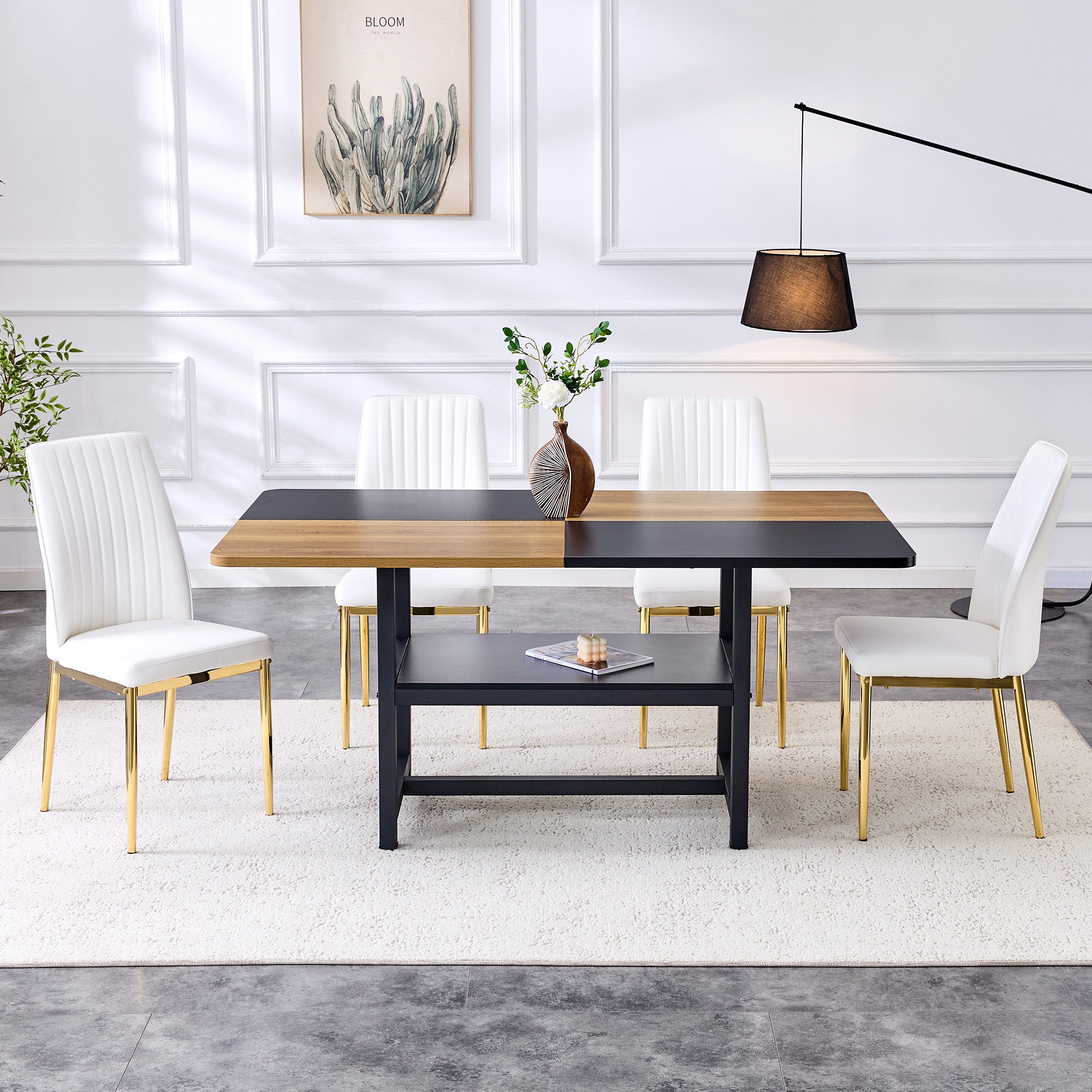 Table set with rectangular dining table, storage shelf, 4 armchairs, faux leather