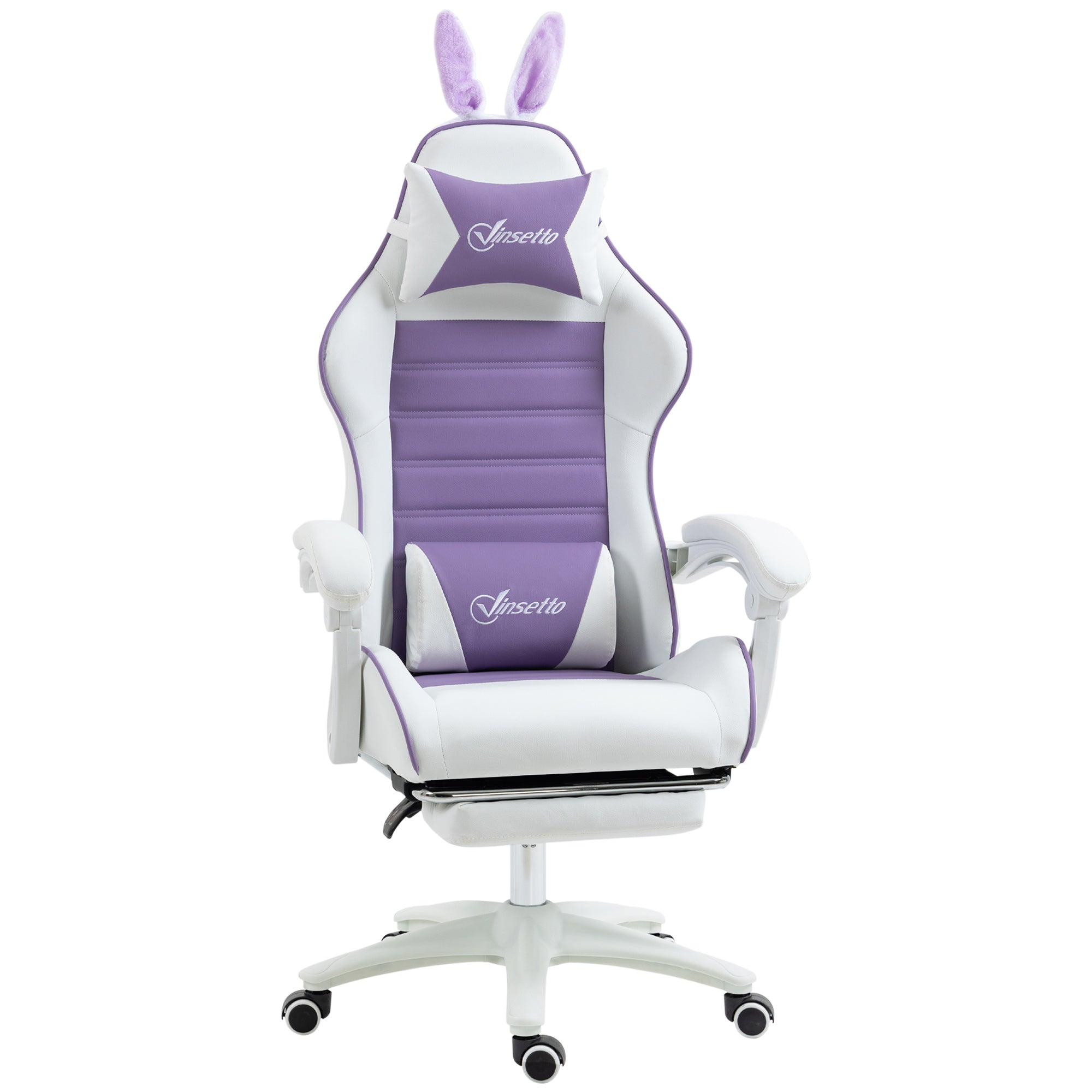 Racing Gaming Chair, Reclining with Removable Rabbit Ears, Footrest, and Headrest, PU Leather, Purple