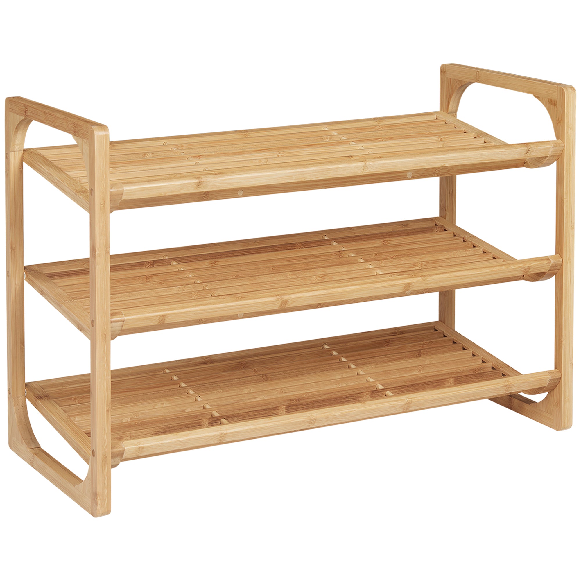 Shoe Rack 3-Level Organizer for 9 Pairs with Handle, Bamboo Natural