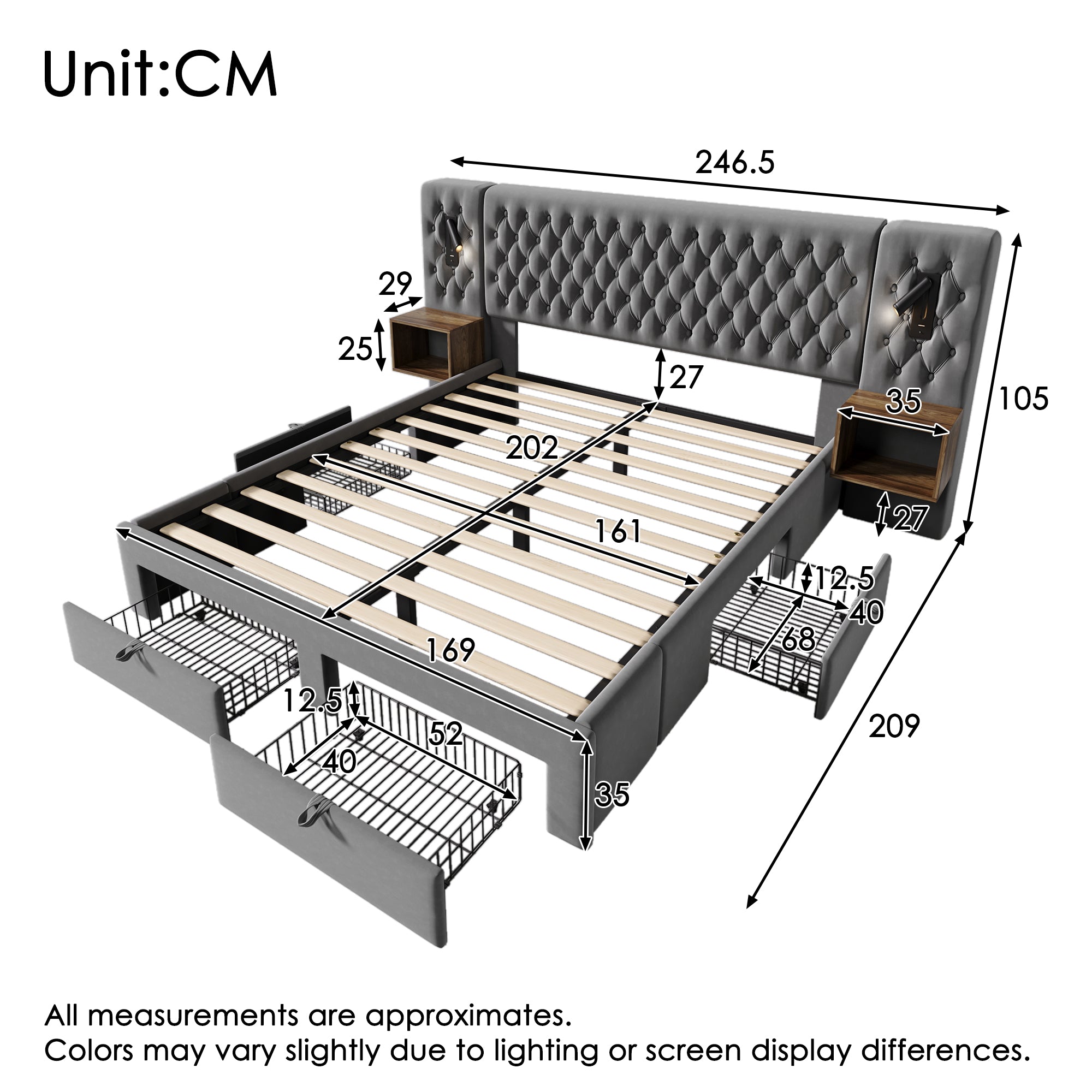 Bedroom Set, Upholstered Double Bed 160×200 cm with 2 Nightstands & 4 Drawers, Headboard Reading Light with USB Charging, Gray Velvet (With Mattress)