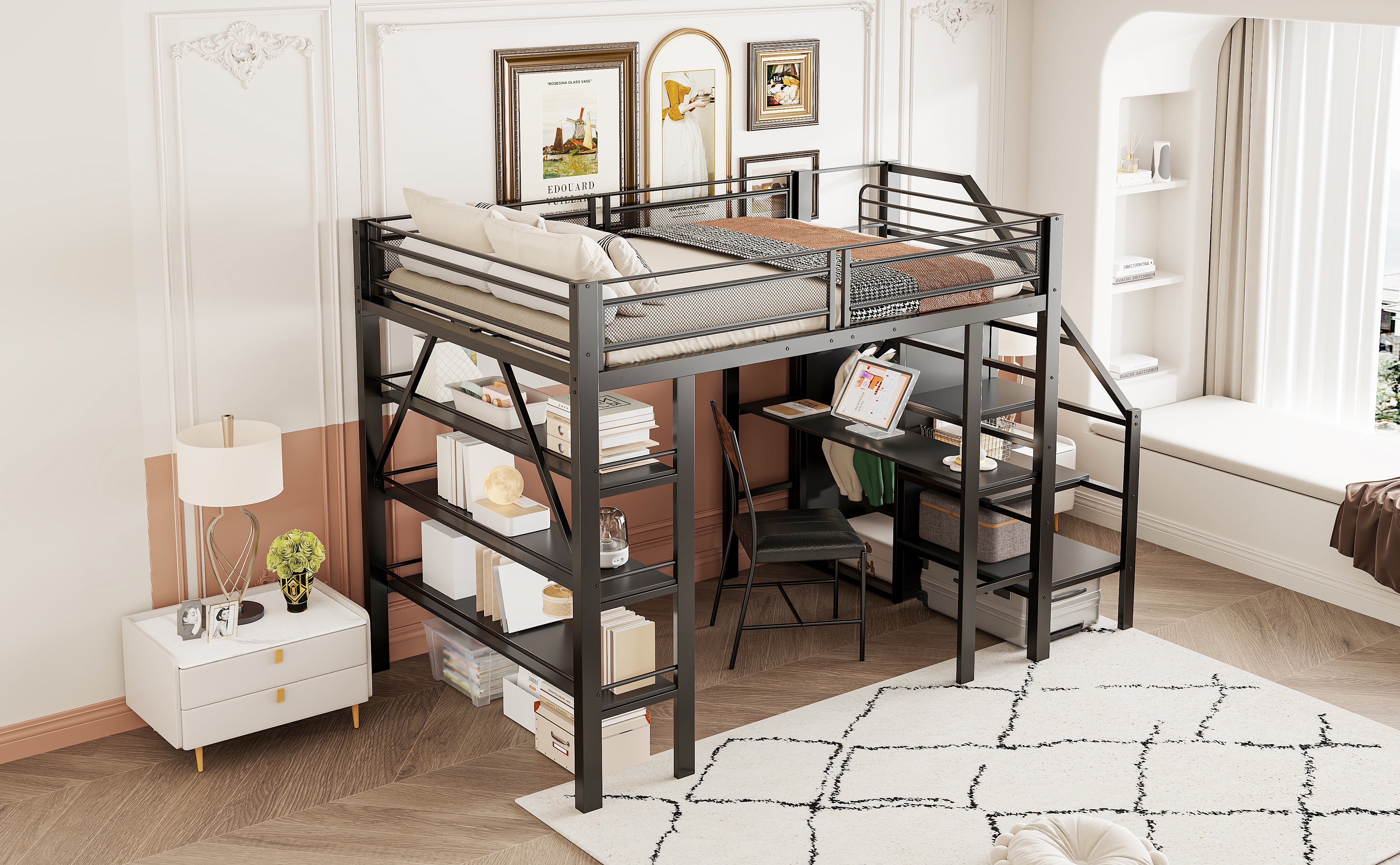 Loft Bed 140x200cm Storage Shelf Desk Wardrobe Iron, Black