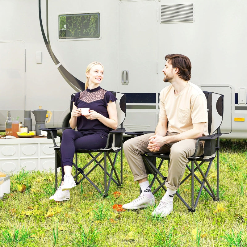 Folding Chairs, Set of 2, Camping with Armrests, Cup Holder, Headrest, Cooler Bag, Padded, Metal/Fabric