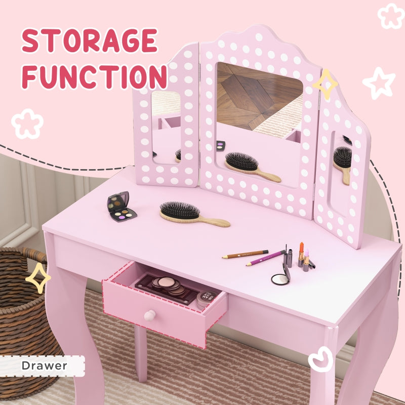 Kids Dressing Table Set, Stool Tri-Fold Mirror Drawer, Pink