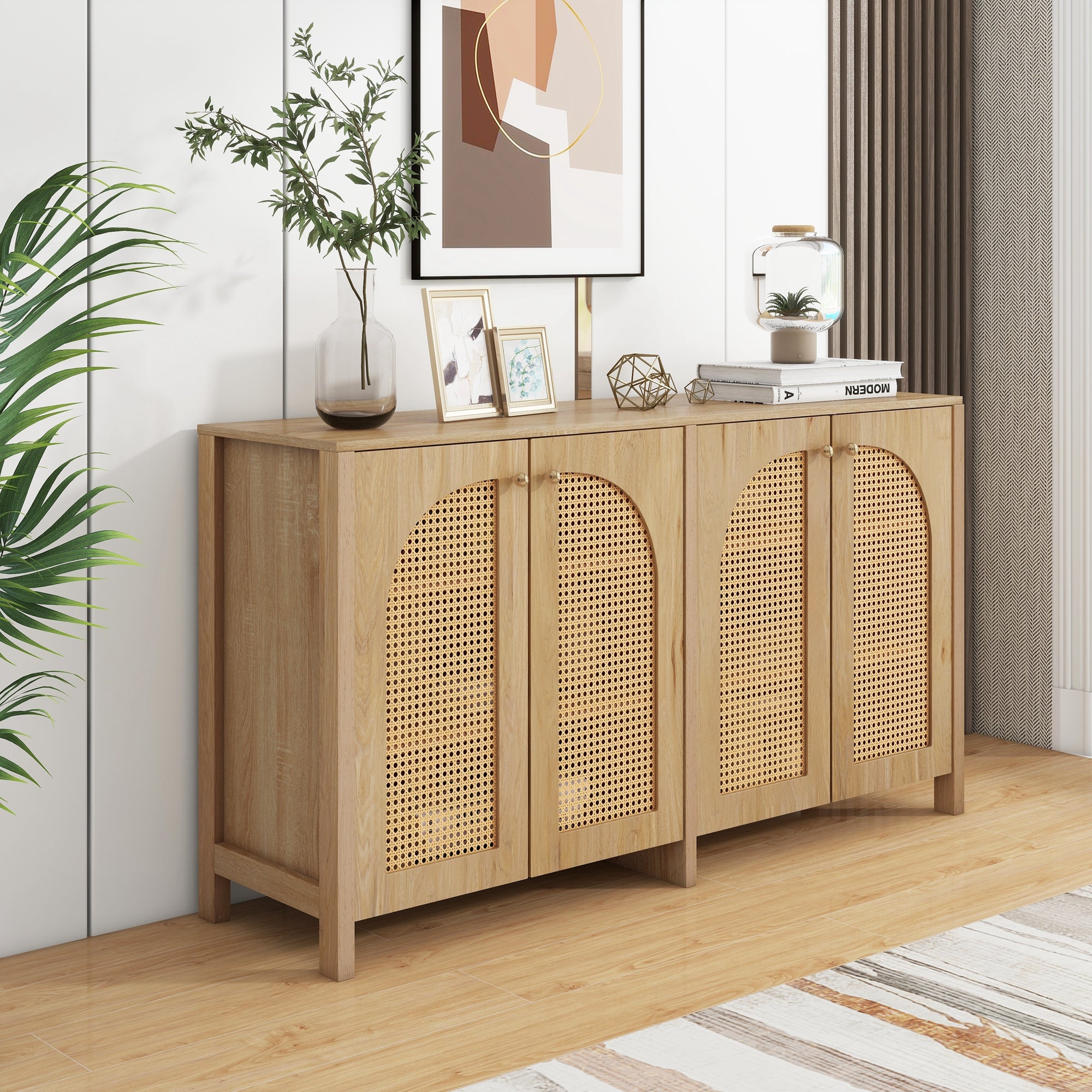 Sideboard, Minimalist with 4 Rattan Doors & Metal Handles, Natural Wood