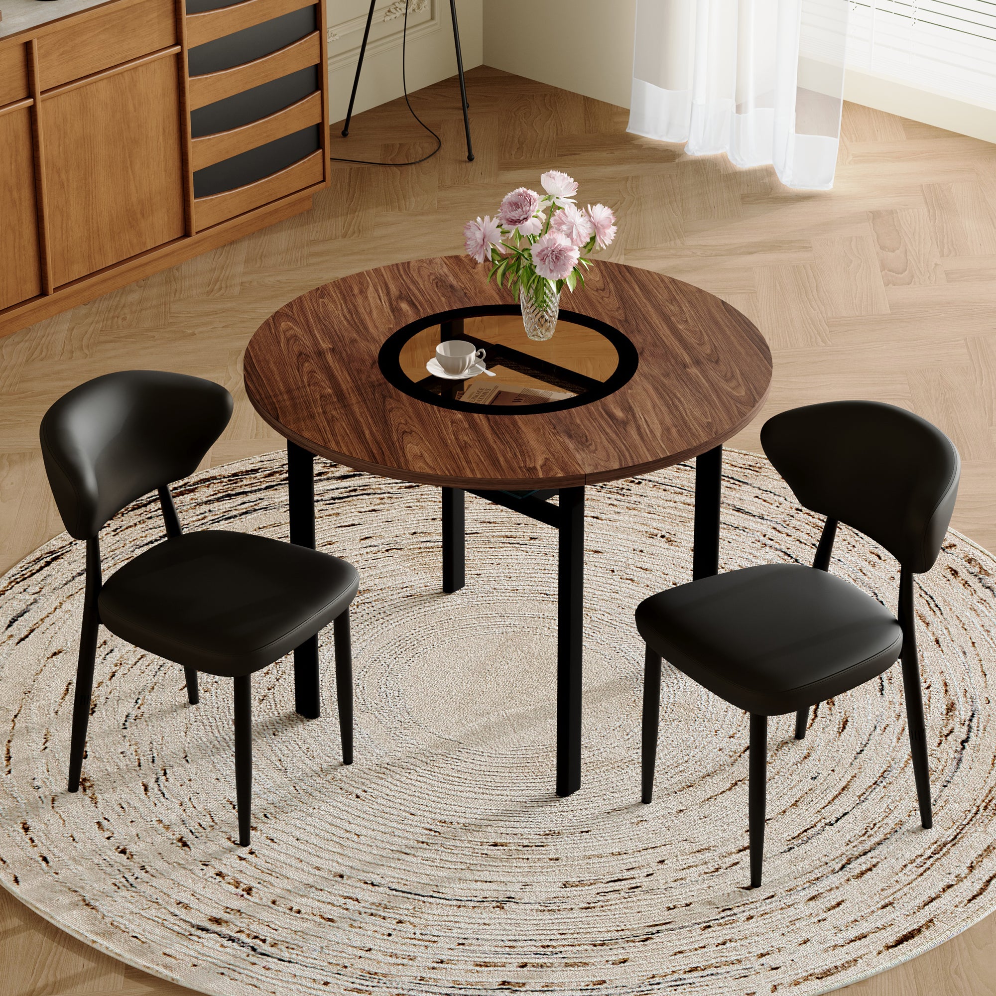 Modern Minimalist Round Table Set, 100cm Wood Look with 2 Armchairs, Black PU Leather