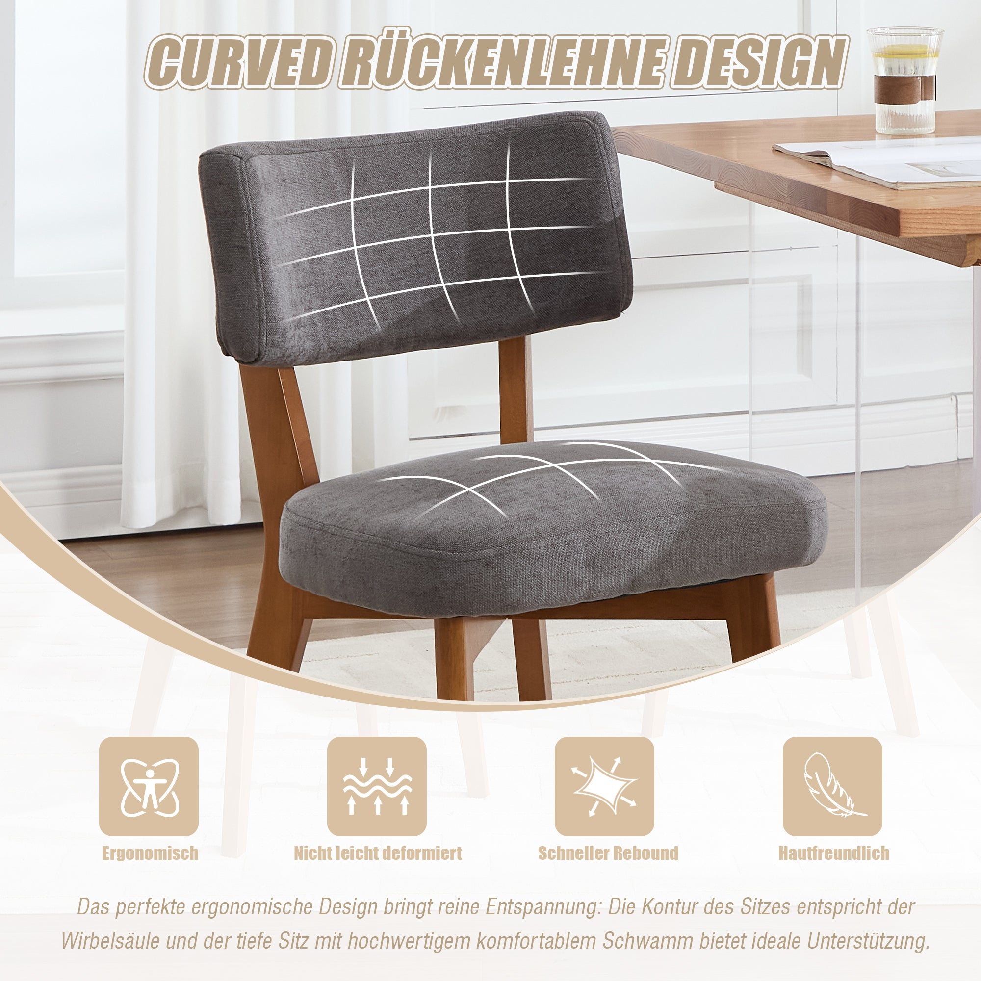 Dining Chair Set of 2, Mid-Century Style Solid Wood Legs Fabric Upholstered