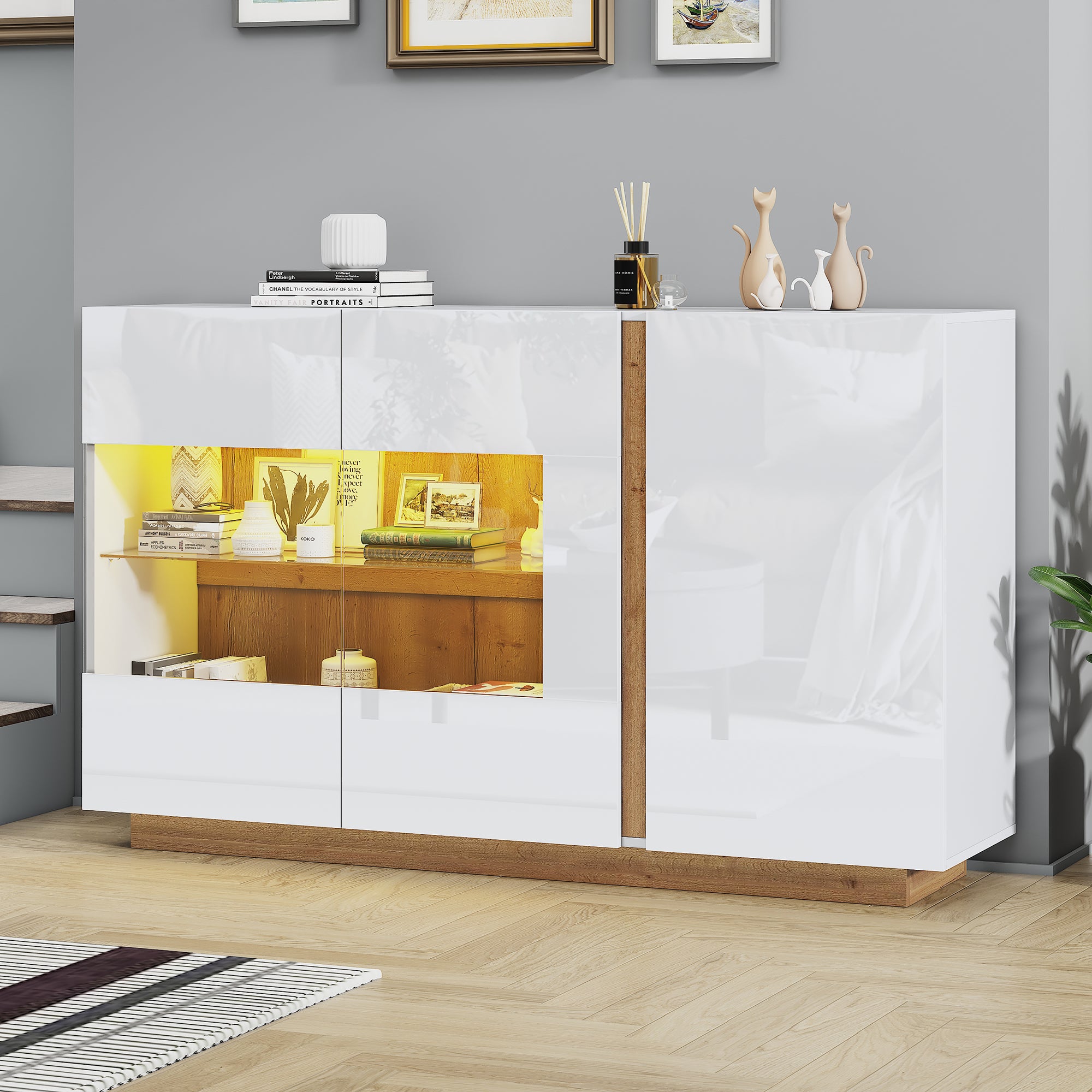 Sideboard High Gloss Chest of Drawers, White Chipboard with Glass