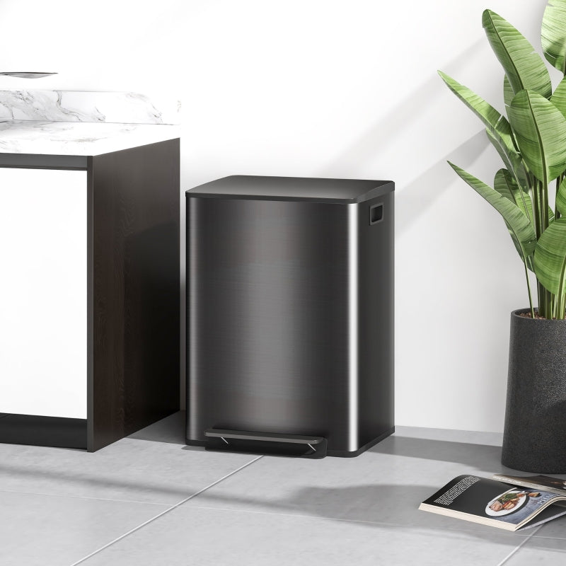 60L Dual Compartment Bin with Deodoriser Holders, Stainless Steel Black