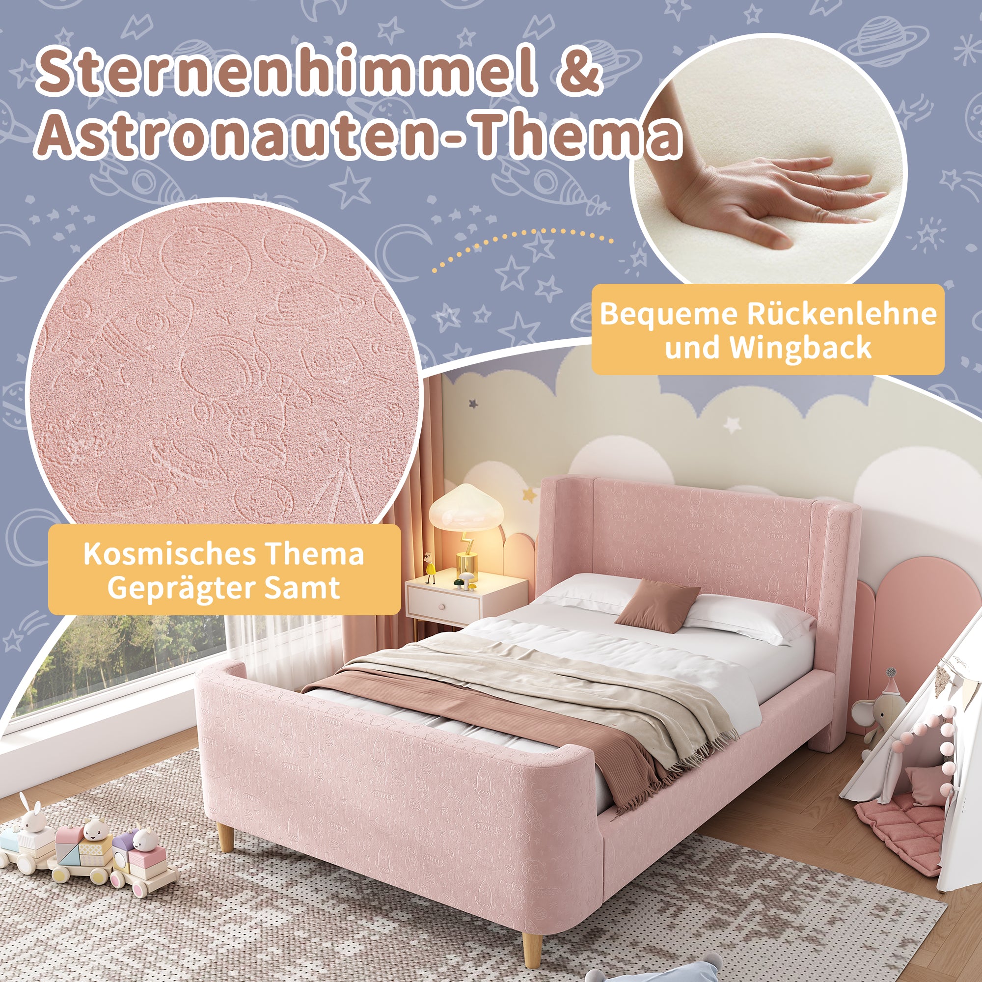 Children's Bed Upholstered Sleigh Bed, Cosmic Pattern, 90x200cm, Pink Velvet