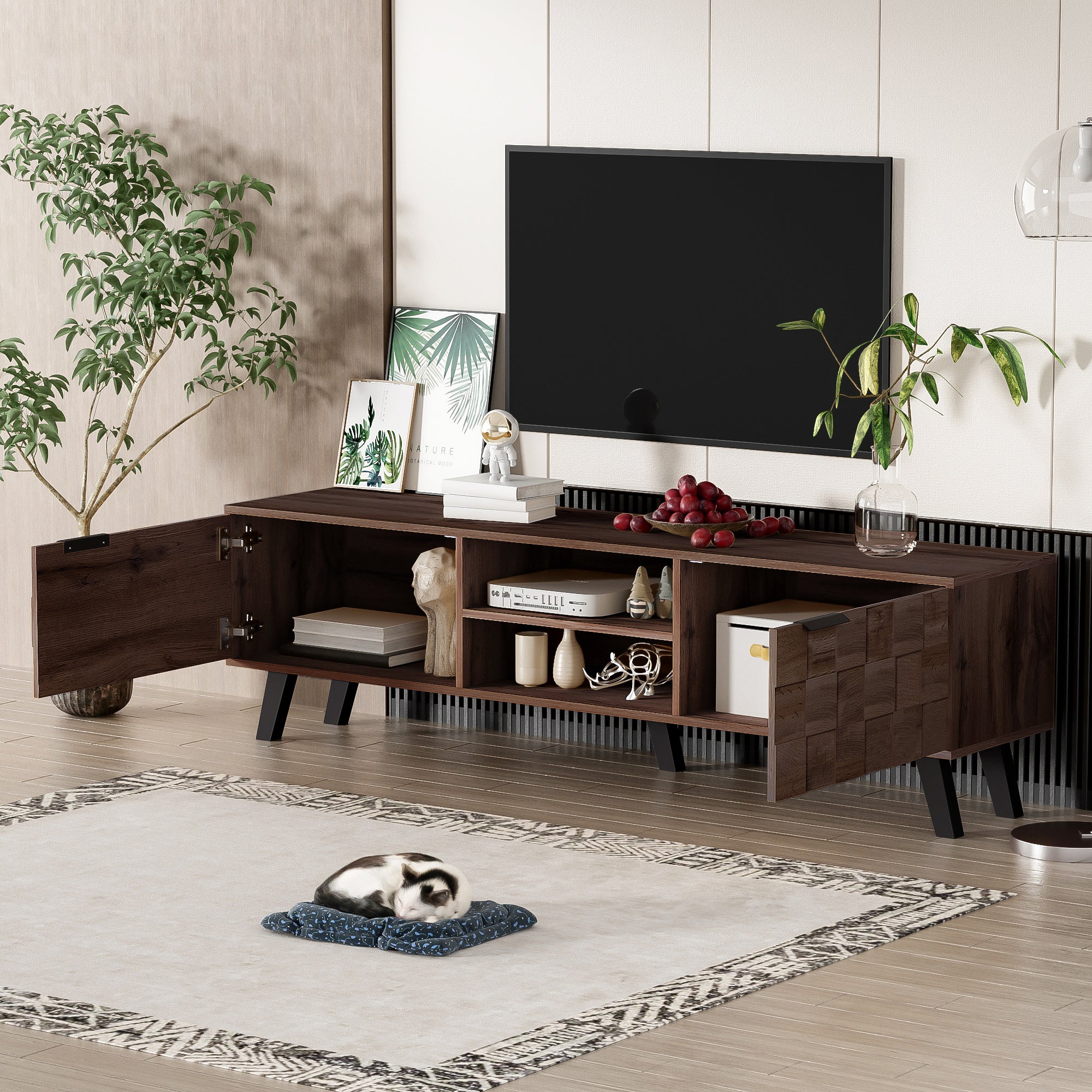 Modern TV Cabinet with 2 Doors & 2 Open Compartments, Dark Wood Grain