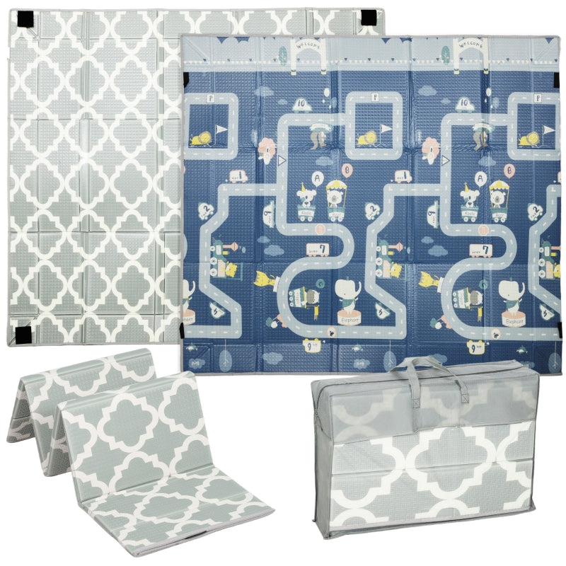 Foldable Baby Play Mat Playpen Reversible Foam Traffic and Grey Diamond Theme