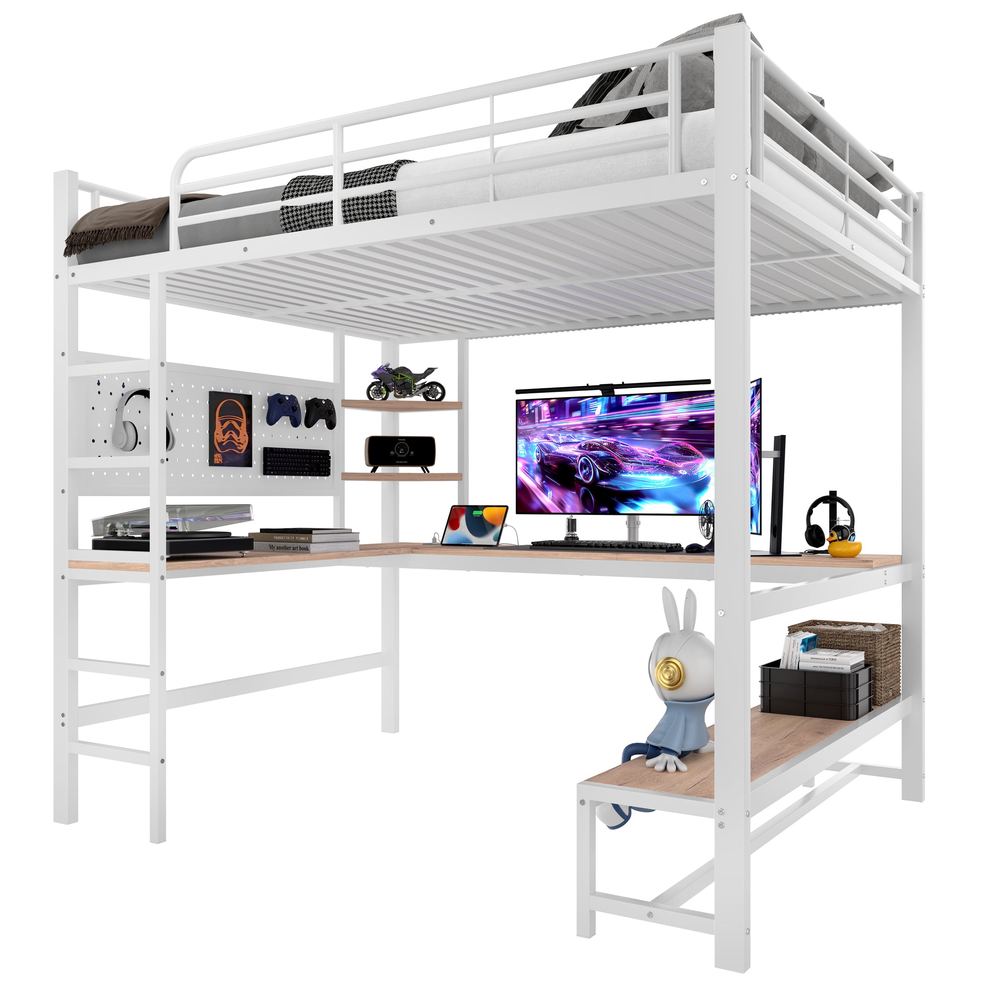 Loft Bed 140x200cm Desk Storage LED USB/Type-C Pegboard - White Iron Frame