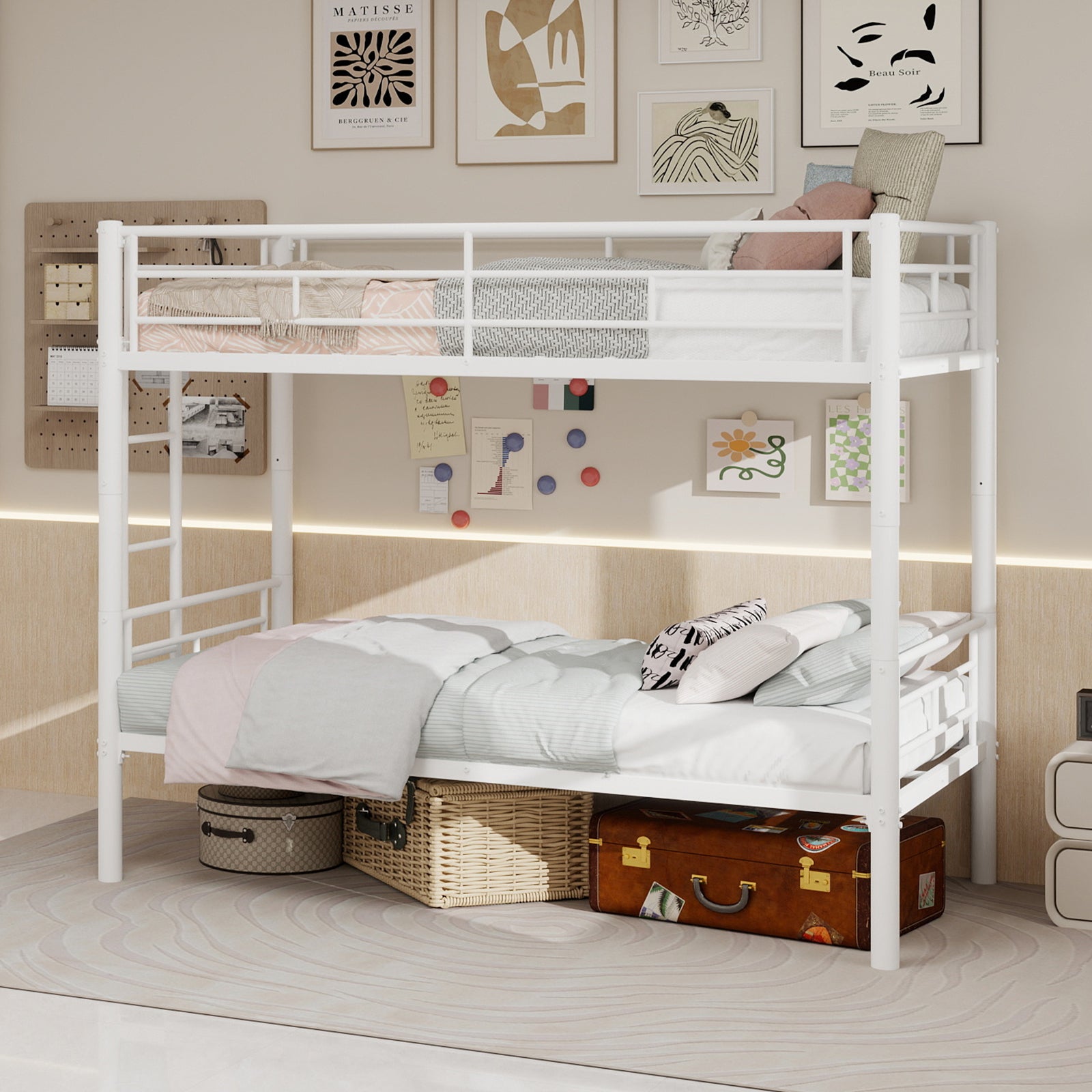 Twin over Twin Bunk Bed Convertible 2 Beds with Ladders & Railings, Metal
