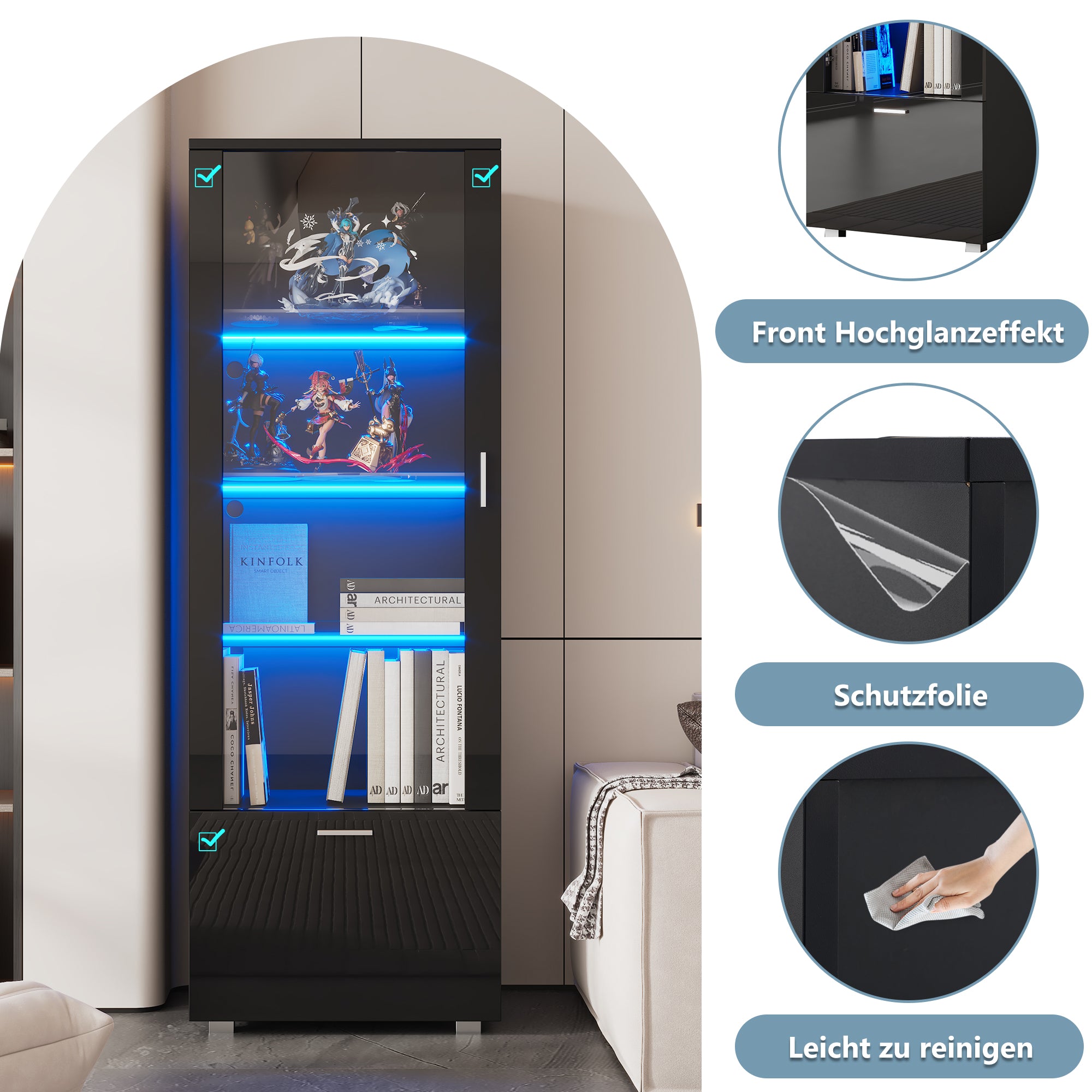 Display Cabinet, LED-Lit Glass with 3 Shelves for Collectibles, Black High-Gloss