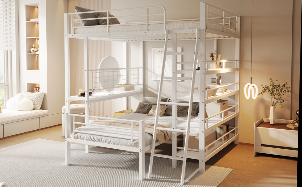 Bunk Bed, Loft 140x200 Multifunctional with Storage, White Metal