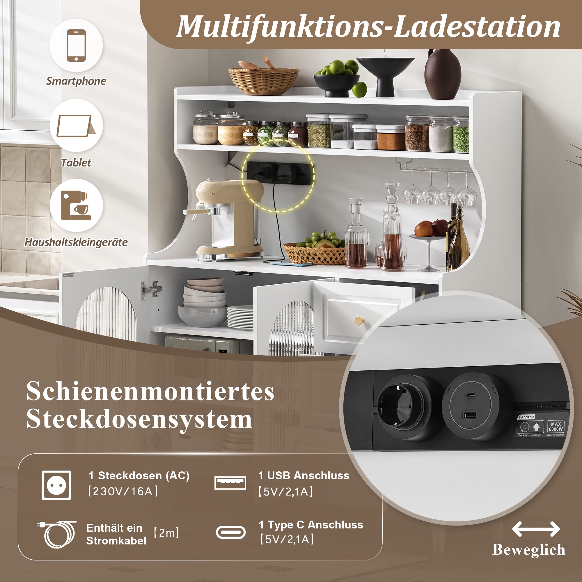 Tall Cabinet with Sockets, Drawers, Wine Glass Holders & Adjustable Shelves - White