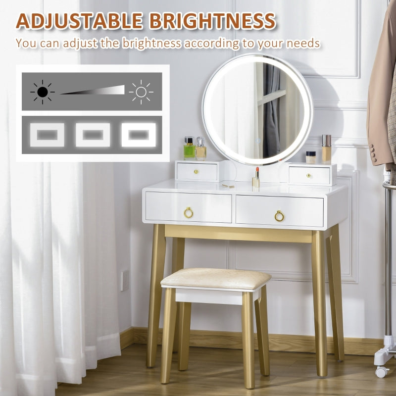 Dressing Table Set with 3 Color LED Mirror, 4 Drawers, and Stool, White