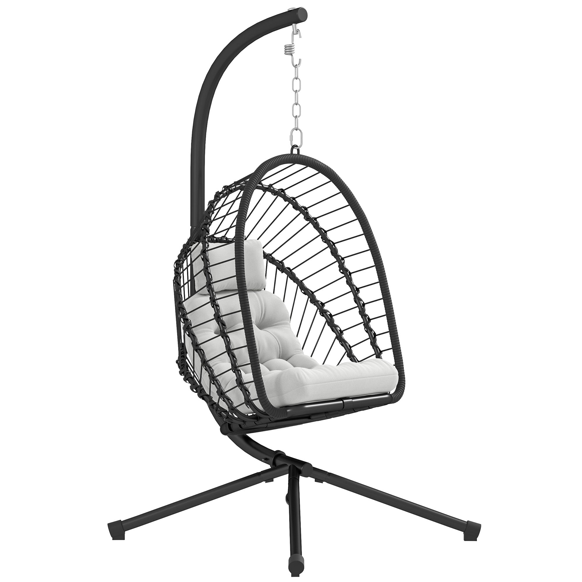 Outdoor PE Rattan Swing Chair Hanging Egg Chair with Foldable Basket, Cushion and Metal Stand, Black