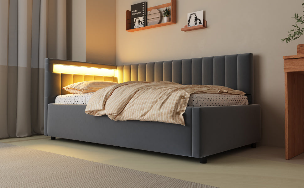 Upholstered Sofa Bed 90x200, with LED & Hydraulic Storage, Velvet Grey