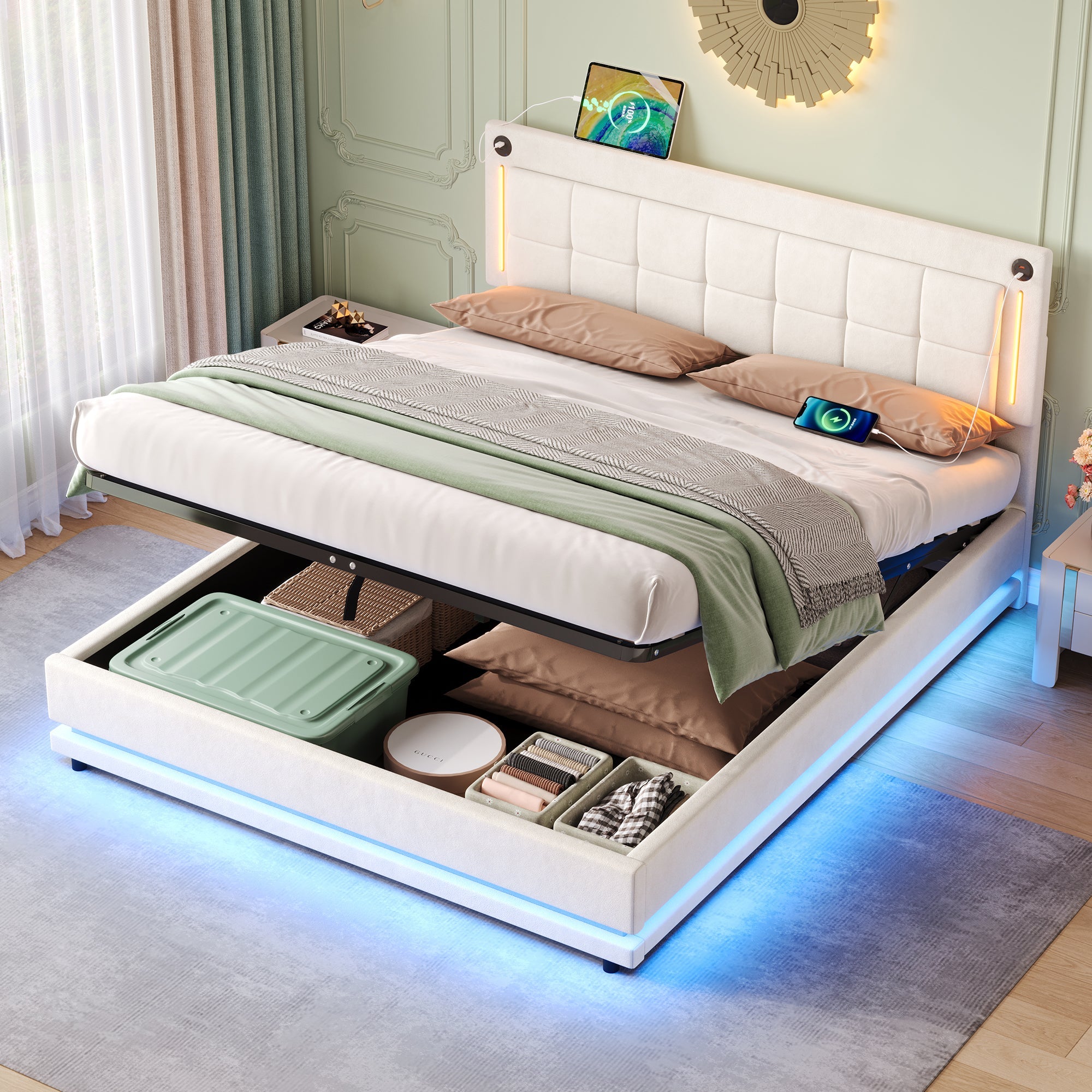 4ft6 Double LED Hydraulic Bed with Charging Station, Adjustable Square Tufted Headboard with Intelligent Control Light, Soft Velvet Bed Frame with USB and Type - C Ports, Beige (No Mattress)