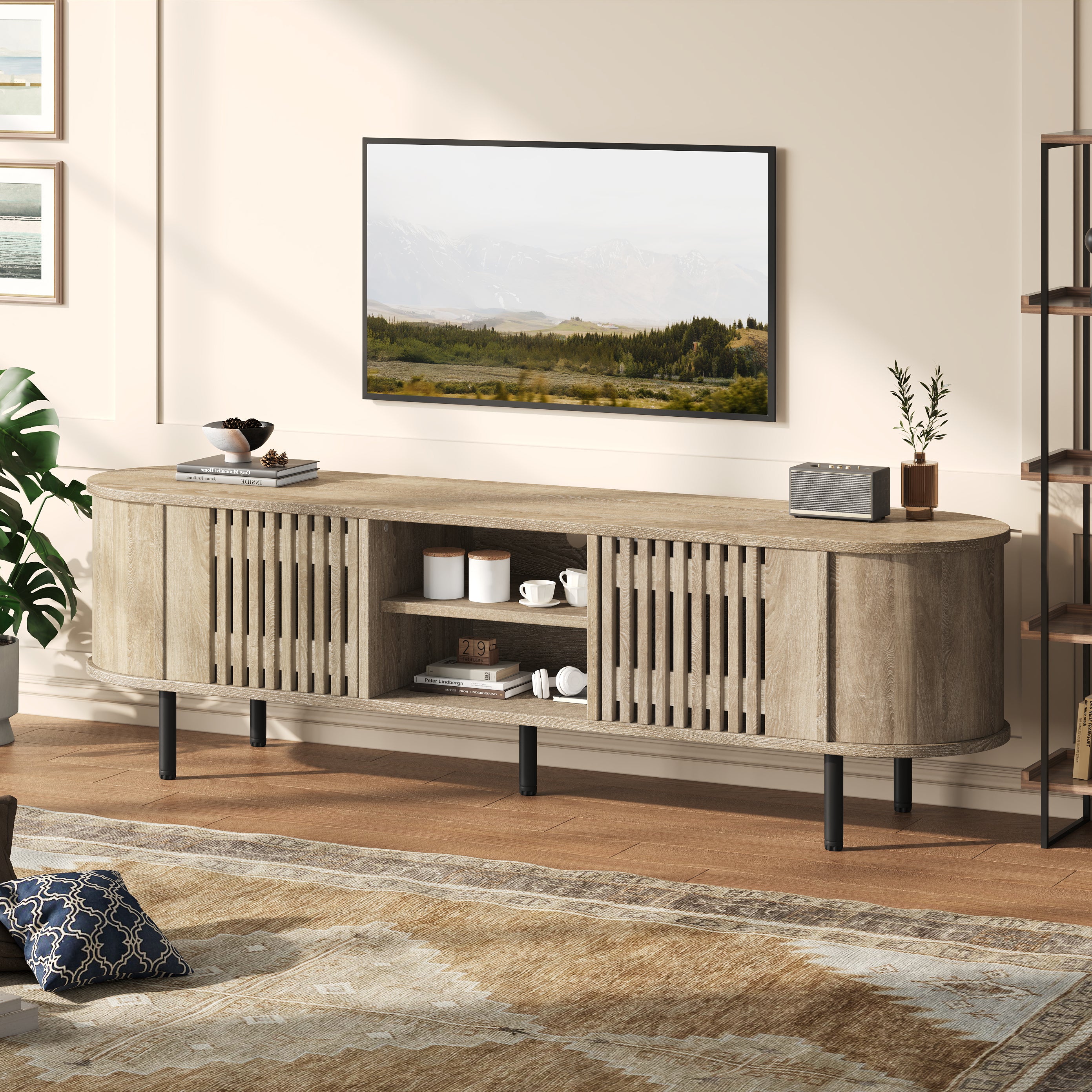 TV Cabinet Lowboard 160x40x47cm Openwork Design 2 Cabinets for 65" TV - Natural Wood