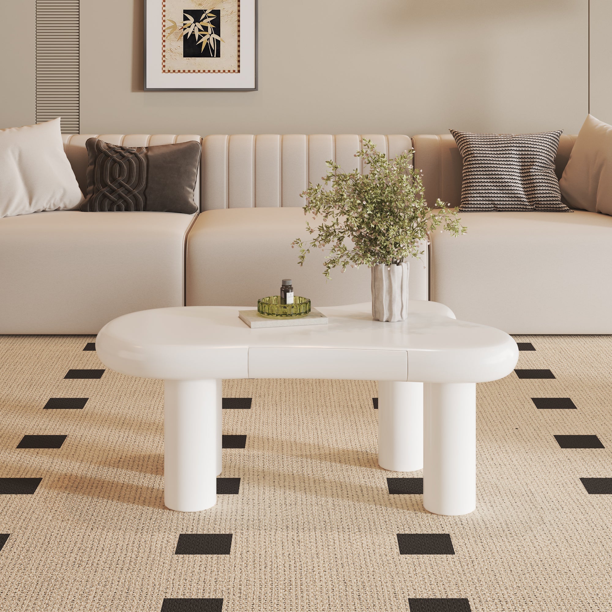 Coffee Table, Cloud-Shaped with 16-Color LED & Drawer, White MDF