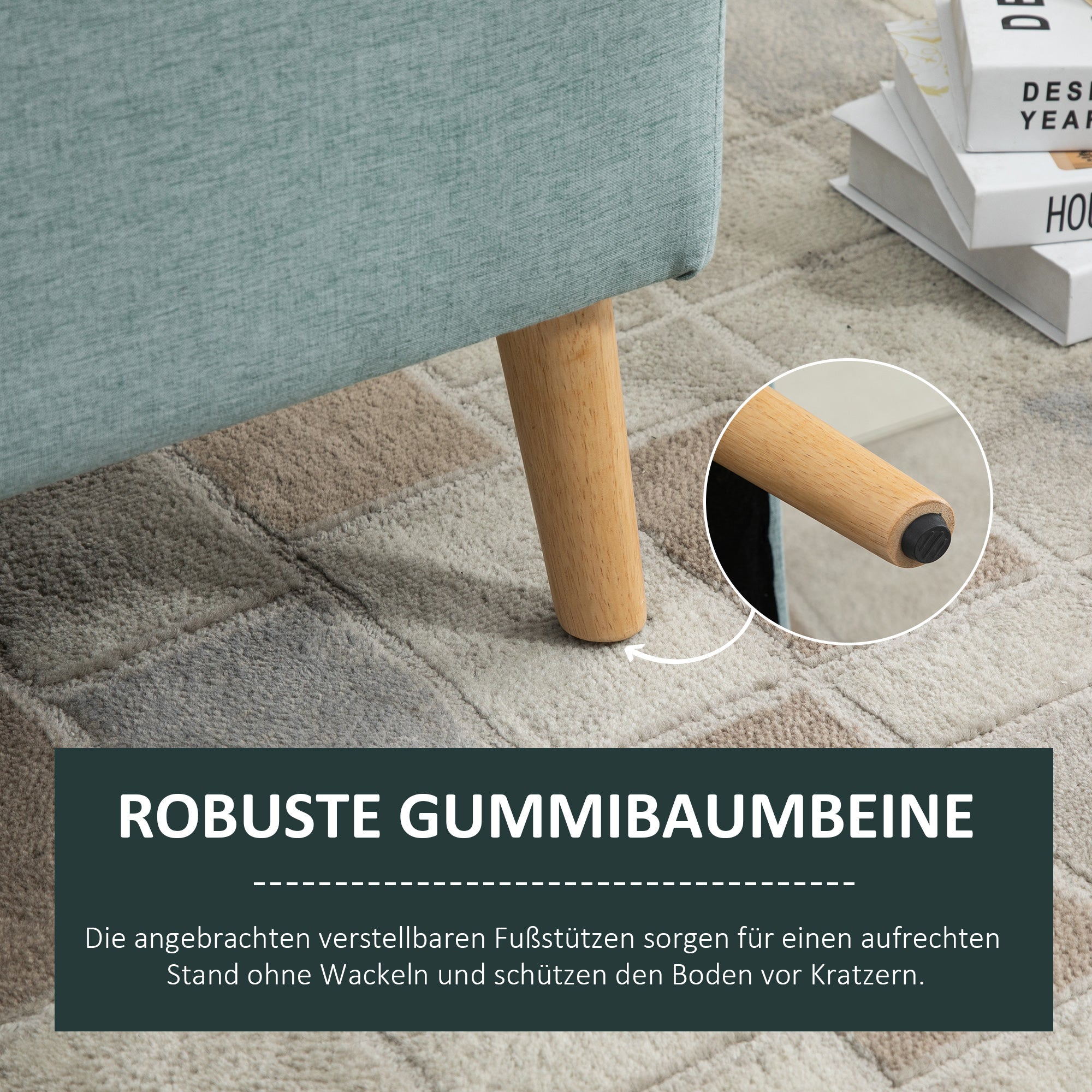 Light green upholstered bench with storage 110x39x45cm, linen-like polyester and rubber wood