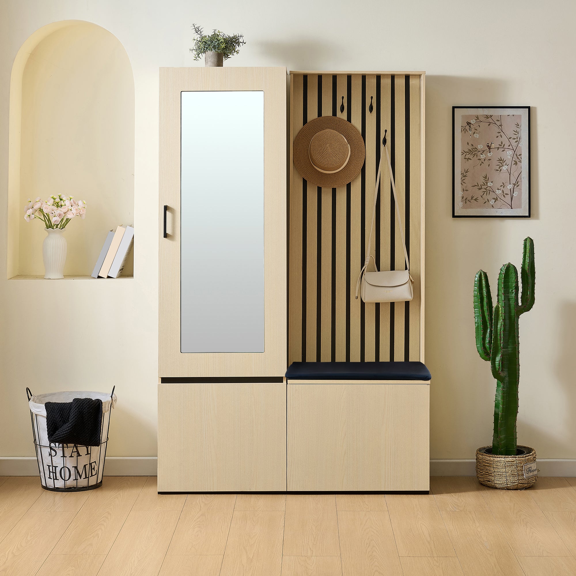 Combined Wardrobe Hallway Set with Mirror, Bench, Shoe Rack, Extendable Clothes Rail