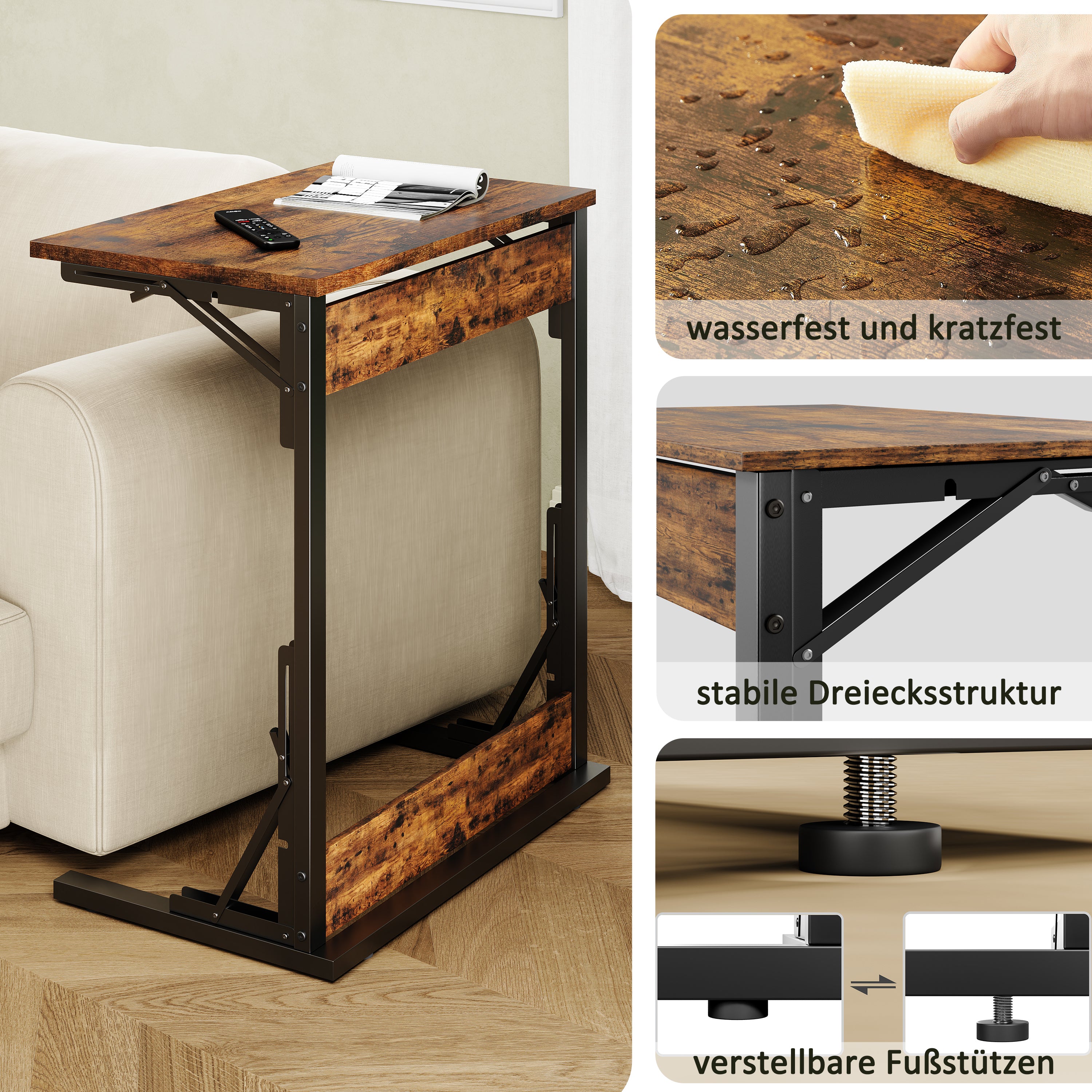 Set of 2 Foldable C-Shaped Side Tables with Metal Frame, Brown