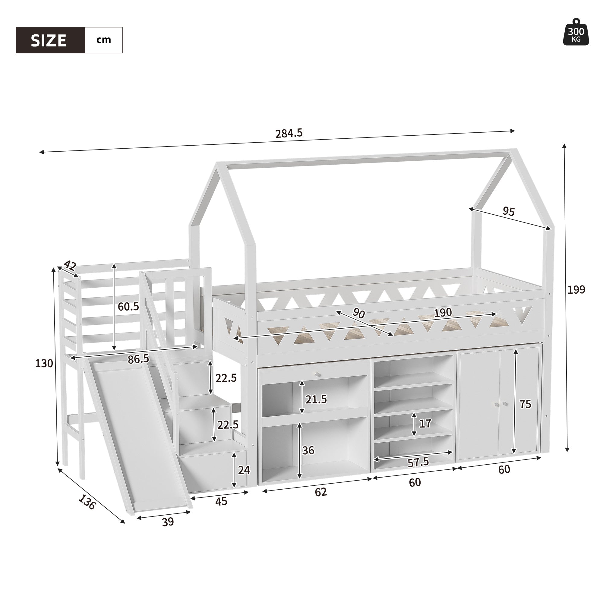 Children's Single Bed - Multifunctional Solid Wood Bed Frame with Slide, Stairs, Storage Drawers, and Magnetic Locker Door - White