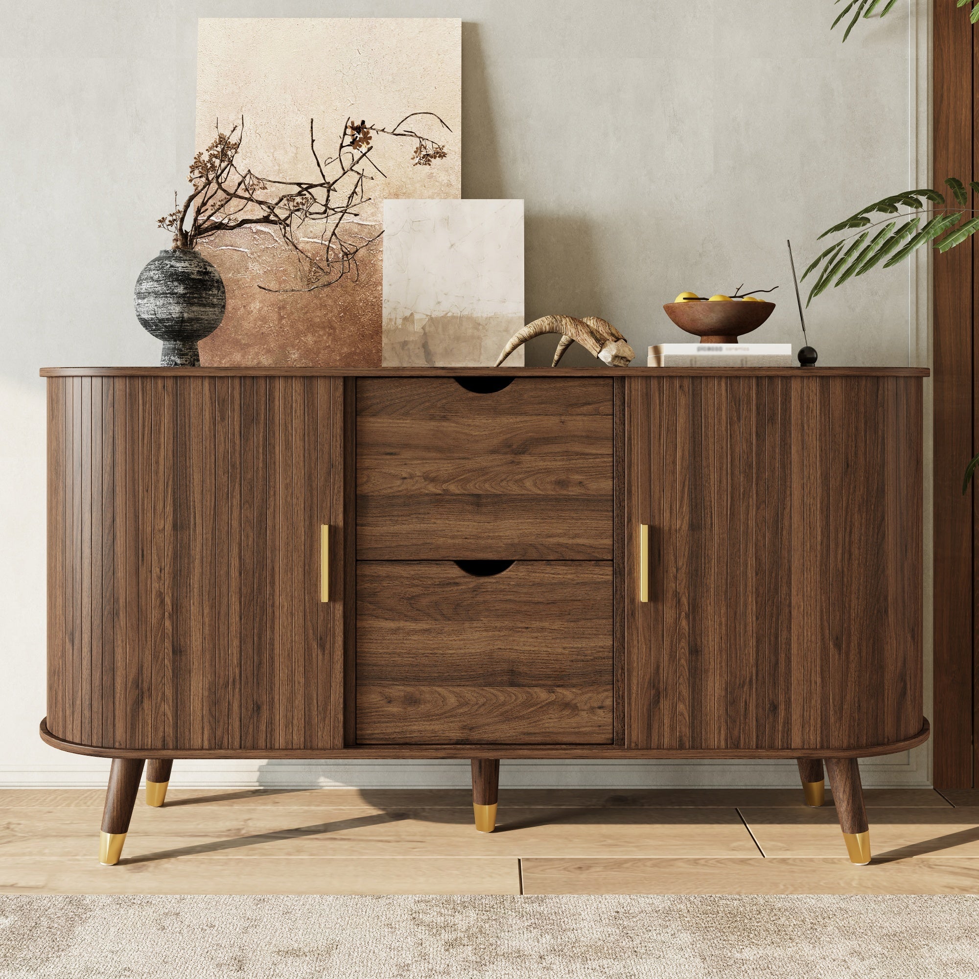 Sideboard with Sliding Doors, Drawers and Rounded Corners, Solid Wood Legs