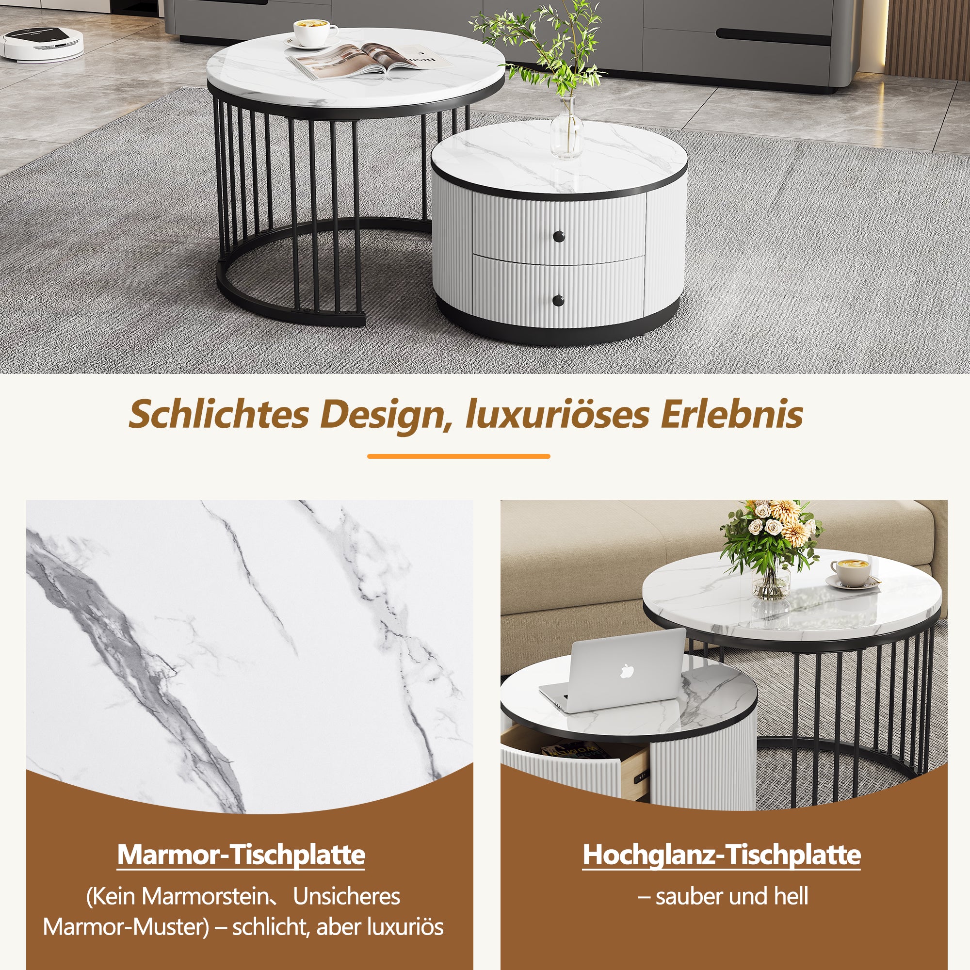 Coffee Table Set, Round Nesting with Drawers, White Marble Look