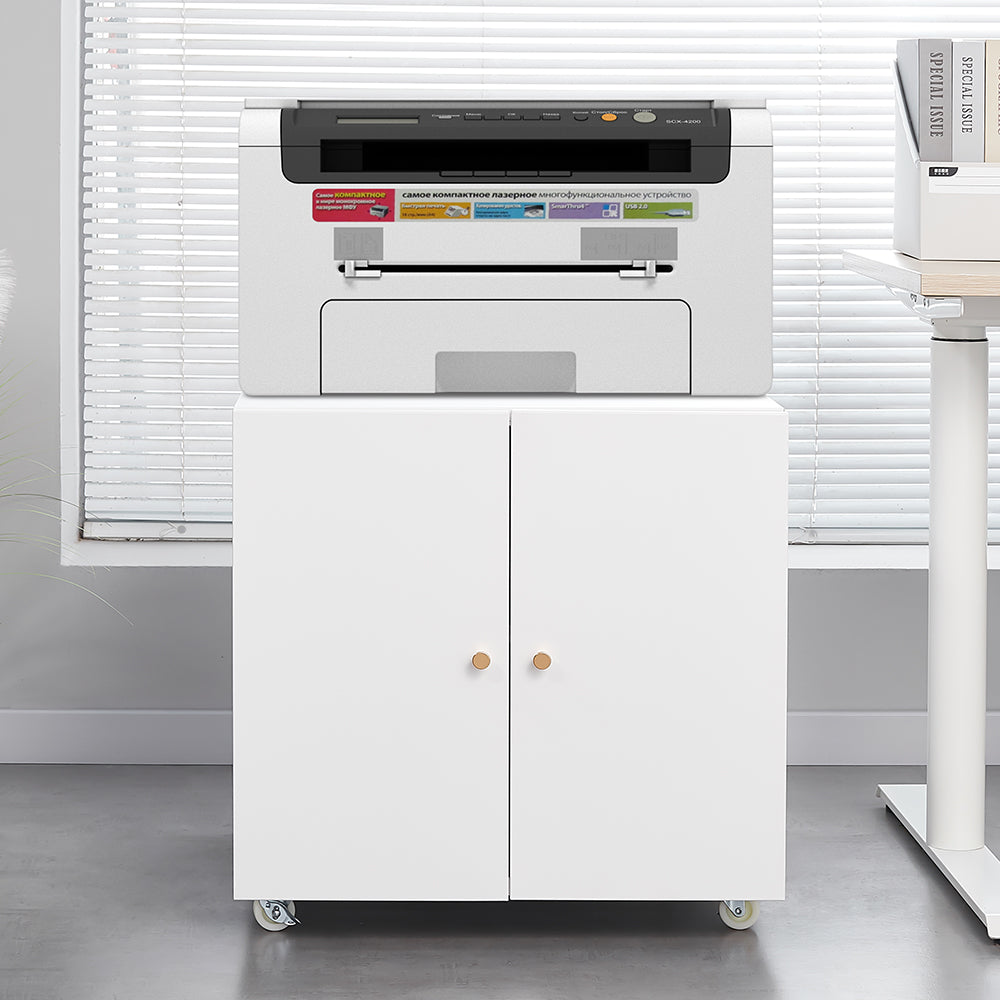Metal Printer Stand - Mobile Storage, Adjustable Shelf, File Cabinet - White