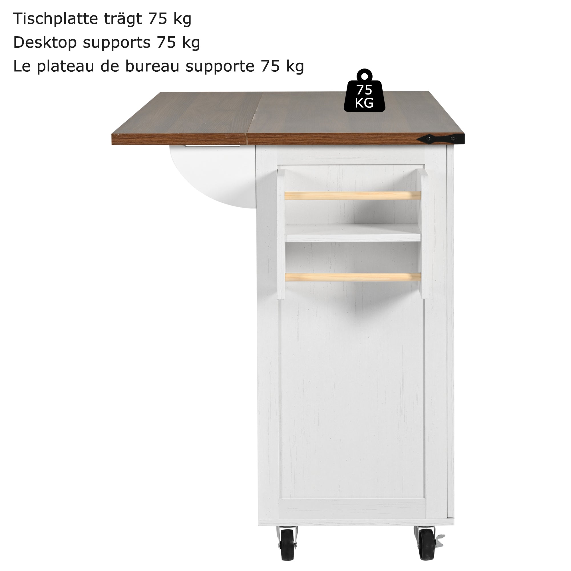 Kitchen Island Serving Trolley Extendable Worktop Storage Cabinet 2 Doors 3 Drawers, Wood Grain Finish