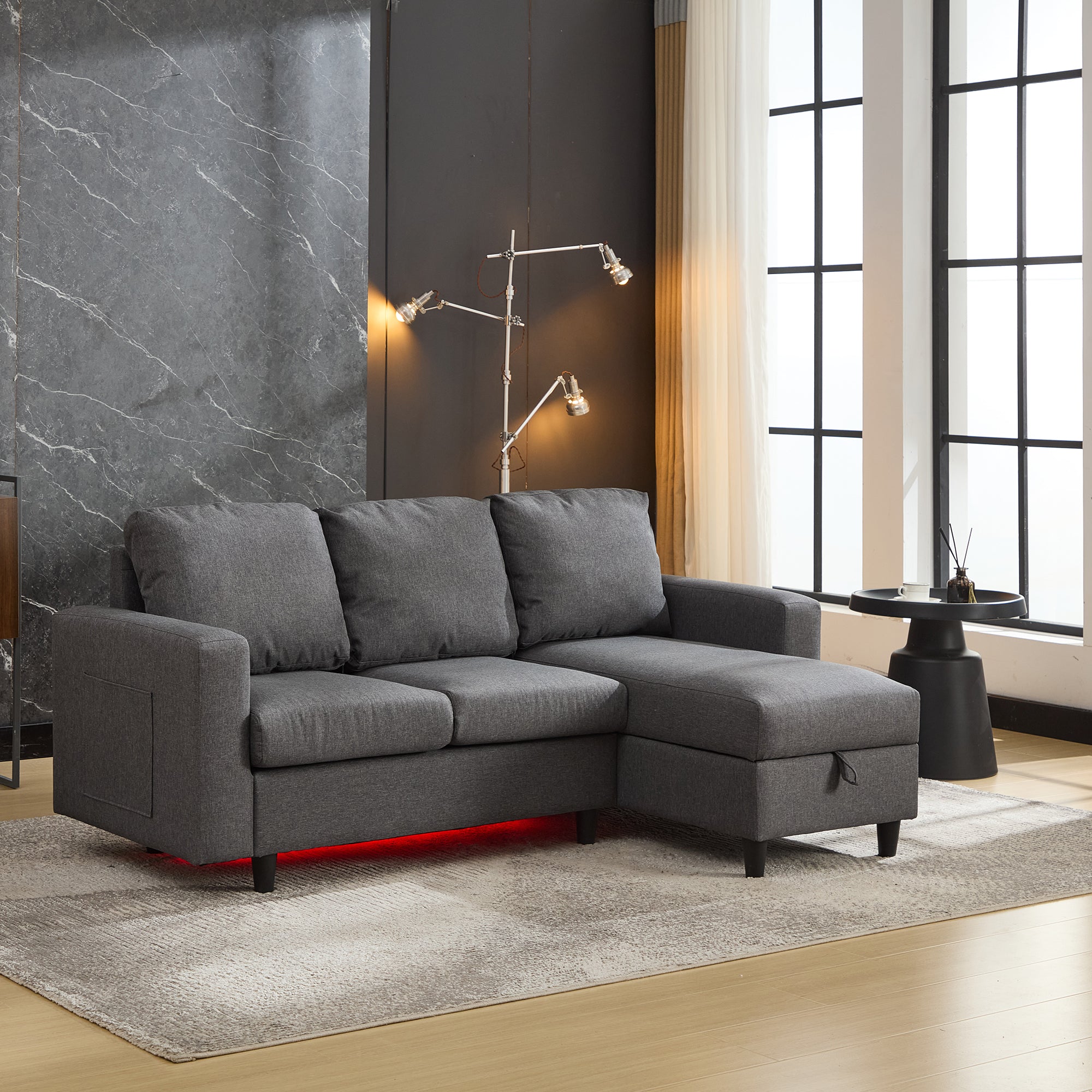 L-Shaped Sofa Bed, 3 Seater Convertible Sectional with Storage, USB & LED, Grey