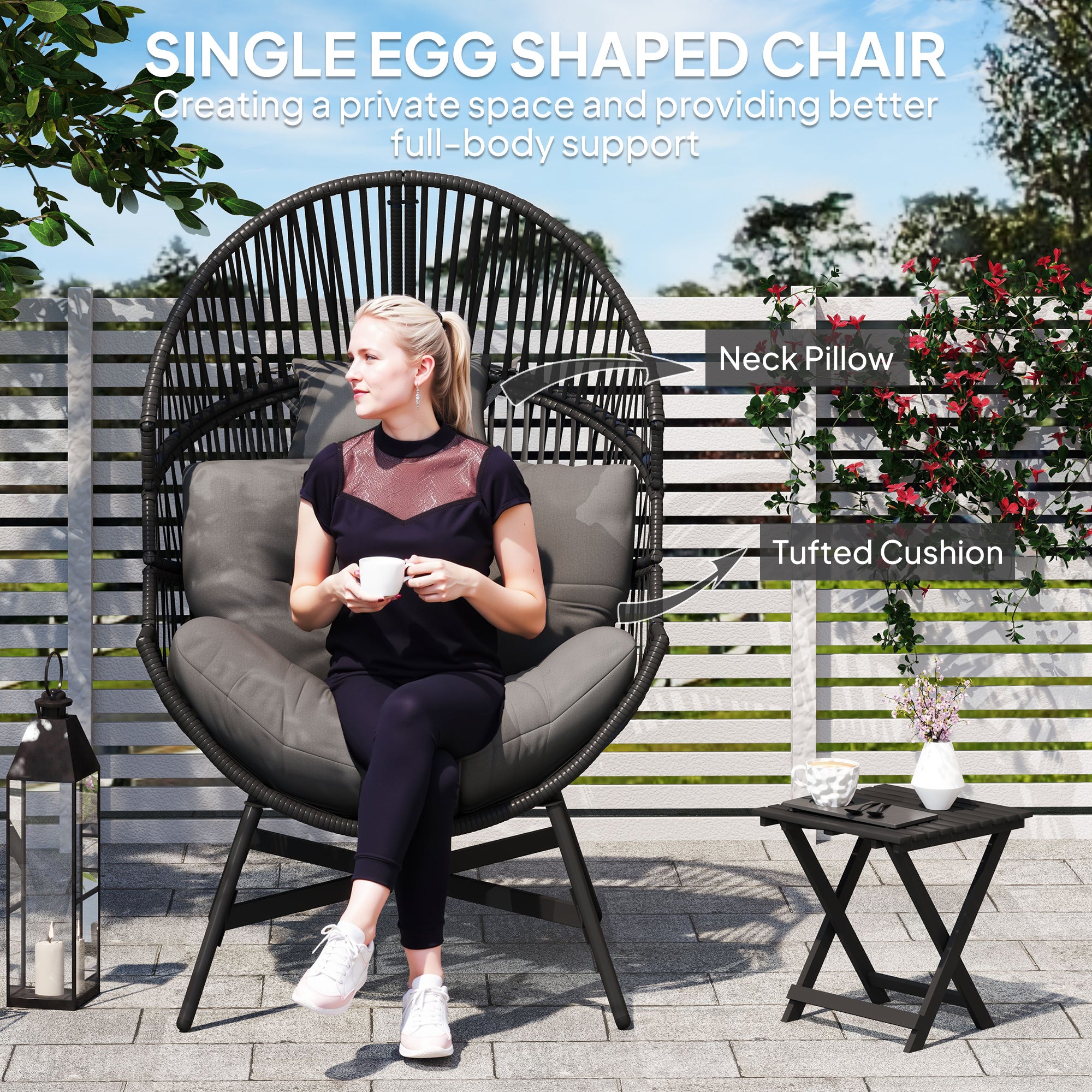 Rattan Egg Chair, Oversized Freestanding with Thick Tufted Cushion, Charcoal Grey