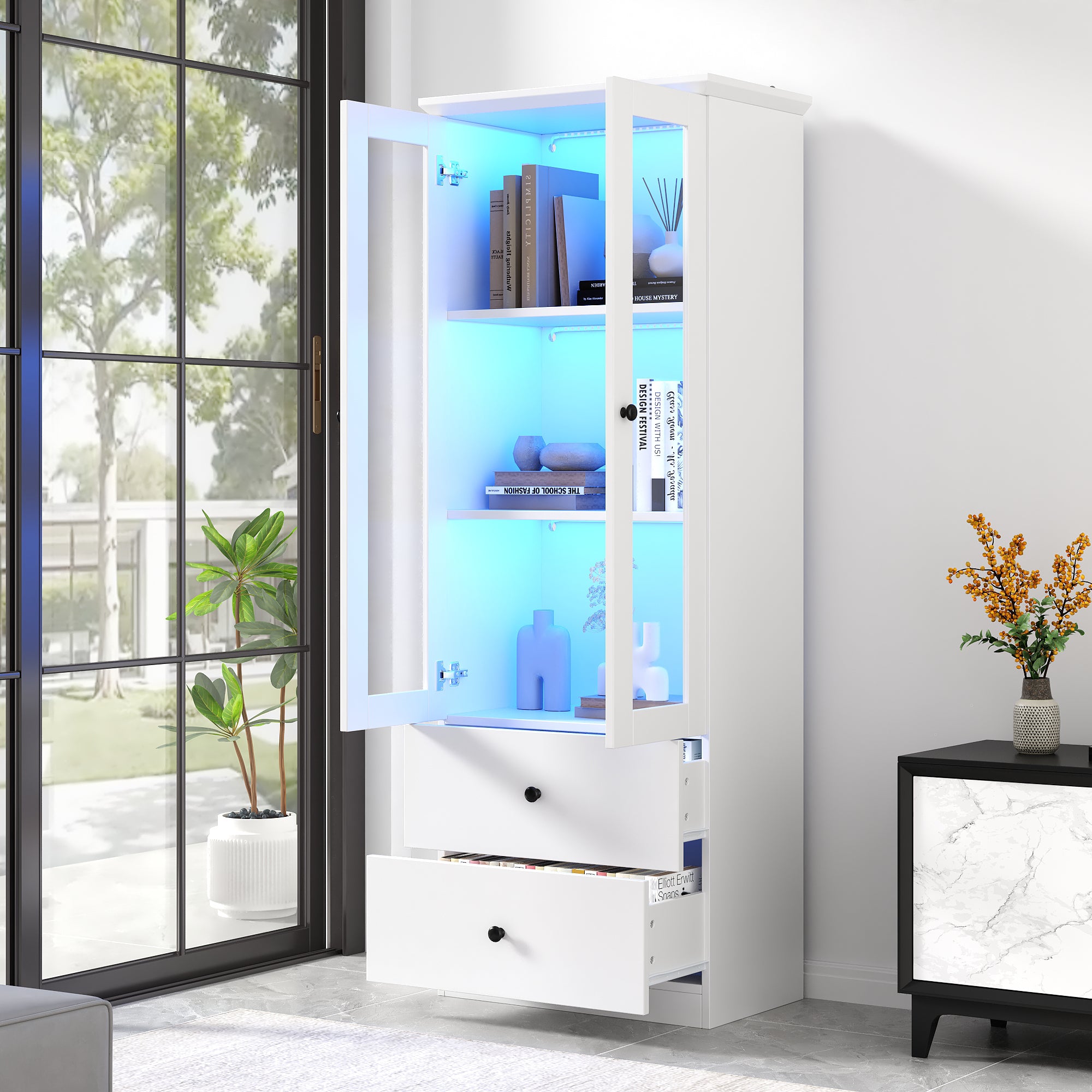 Modern LED Display Cabinet, 165cm, USB Port, 2 Drawers, Hinged Doors, Matte White MDF