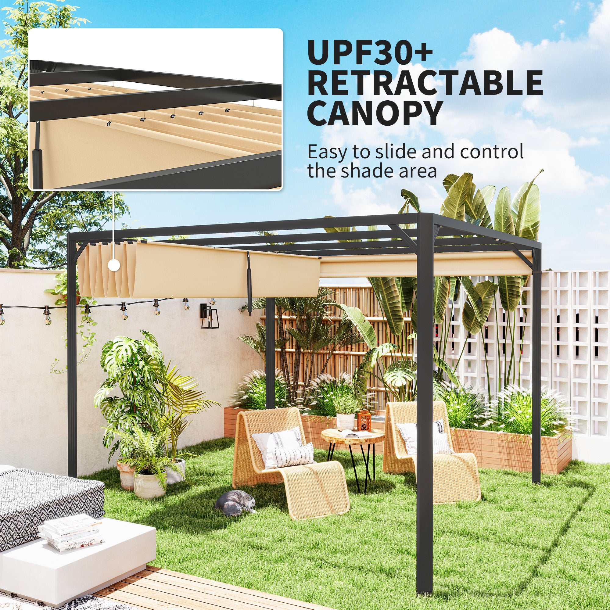3 x 3m Aluminium Pergola with Retractable Roof and Wall - Khaki