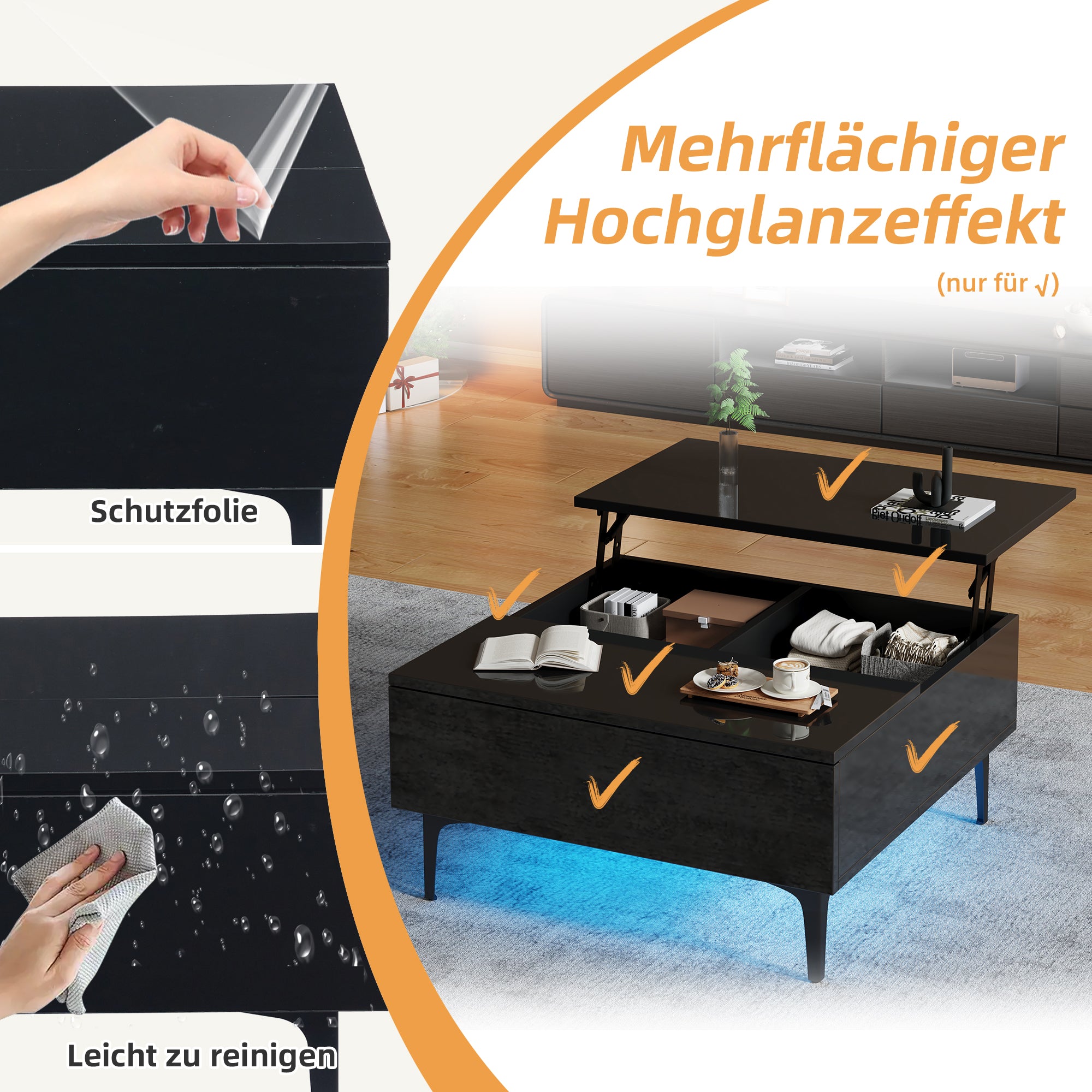 Coffee Table, 70x70x35cm Height-Adjustable with Hidden Storage & Shelves, Black High-Gloss