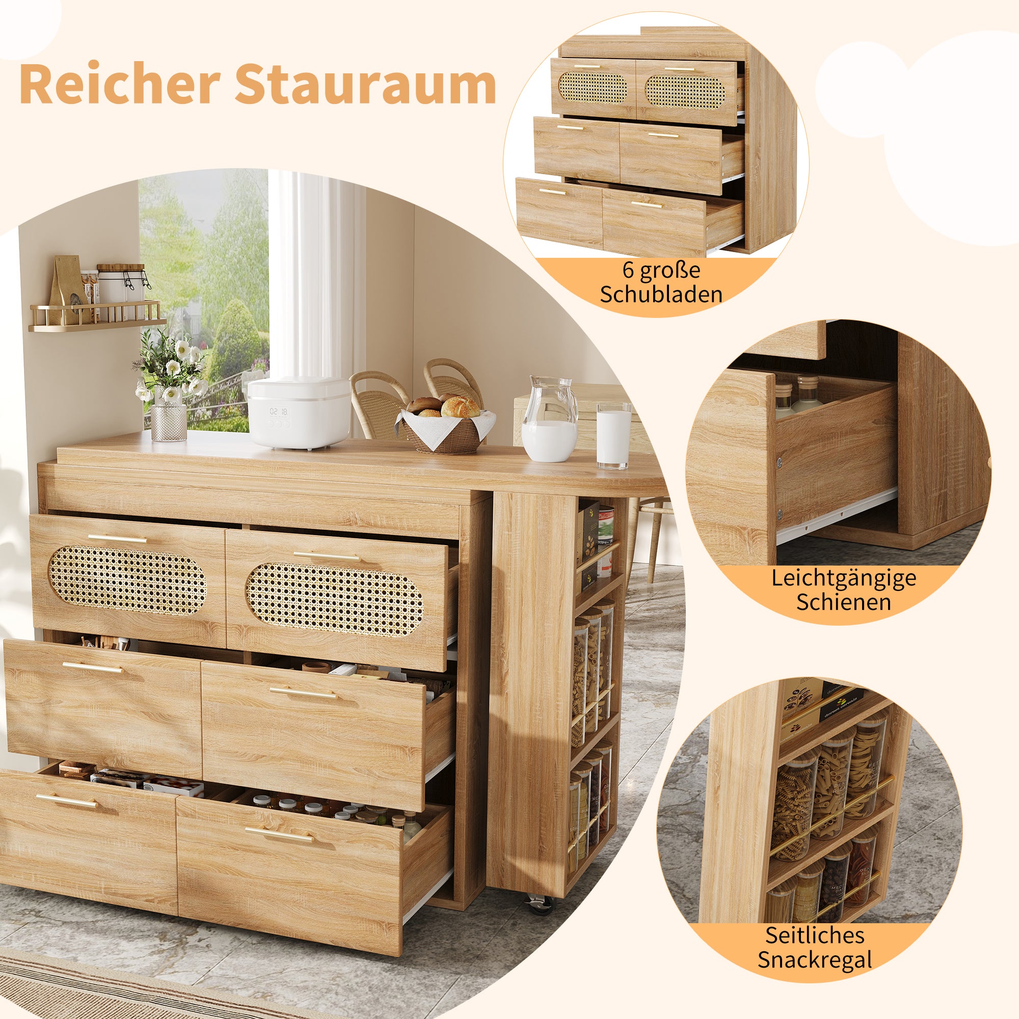 360° Rotating Bar Table with 6 Drawers and Anti-Tip Device, PE Rattan and Metal