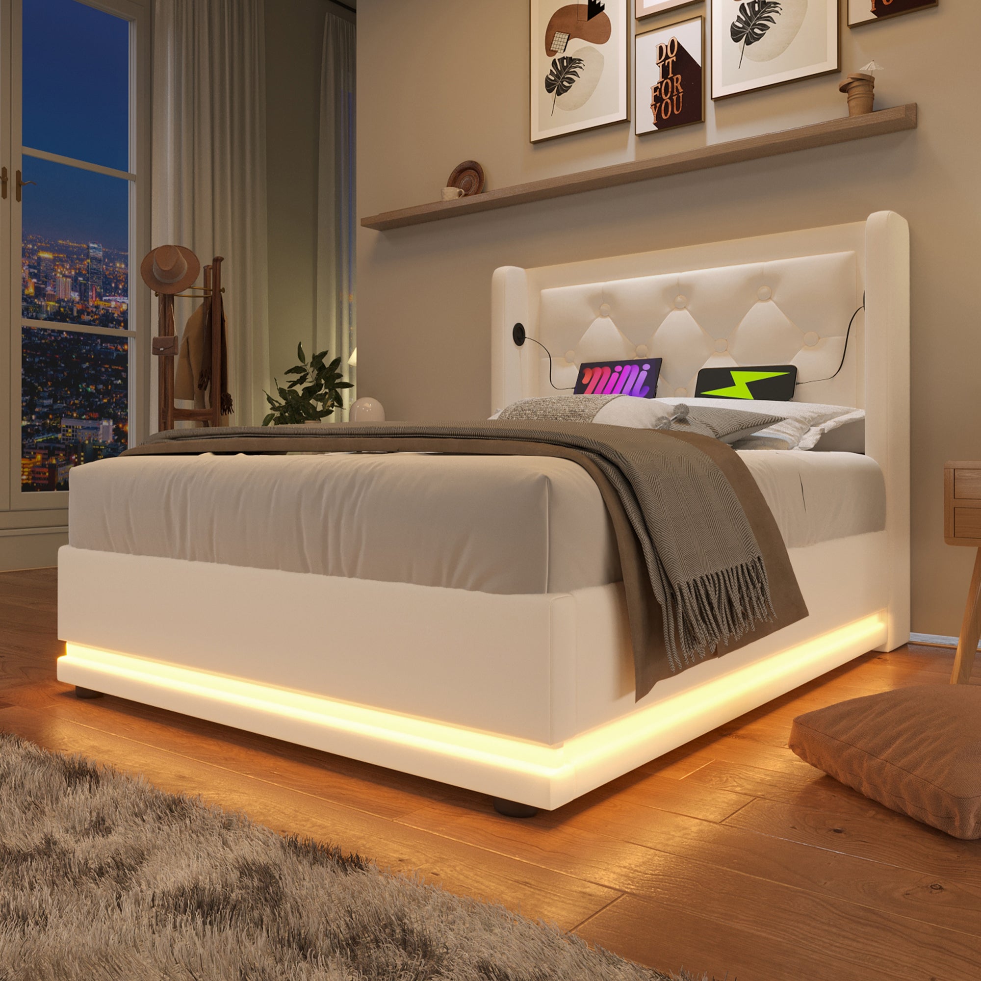 Upholstered Single Bed 90*200cm Hydraulic Storage Headboard USB Type-C LED, White PU