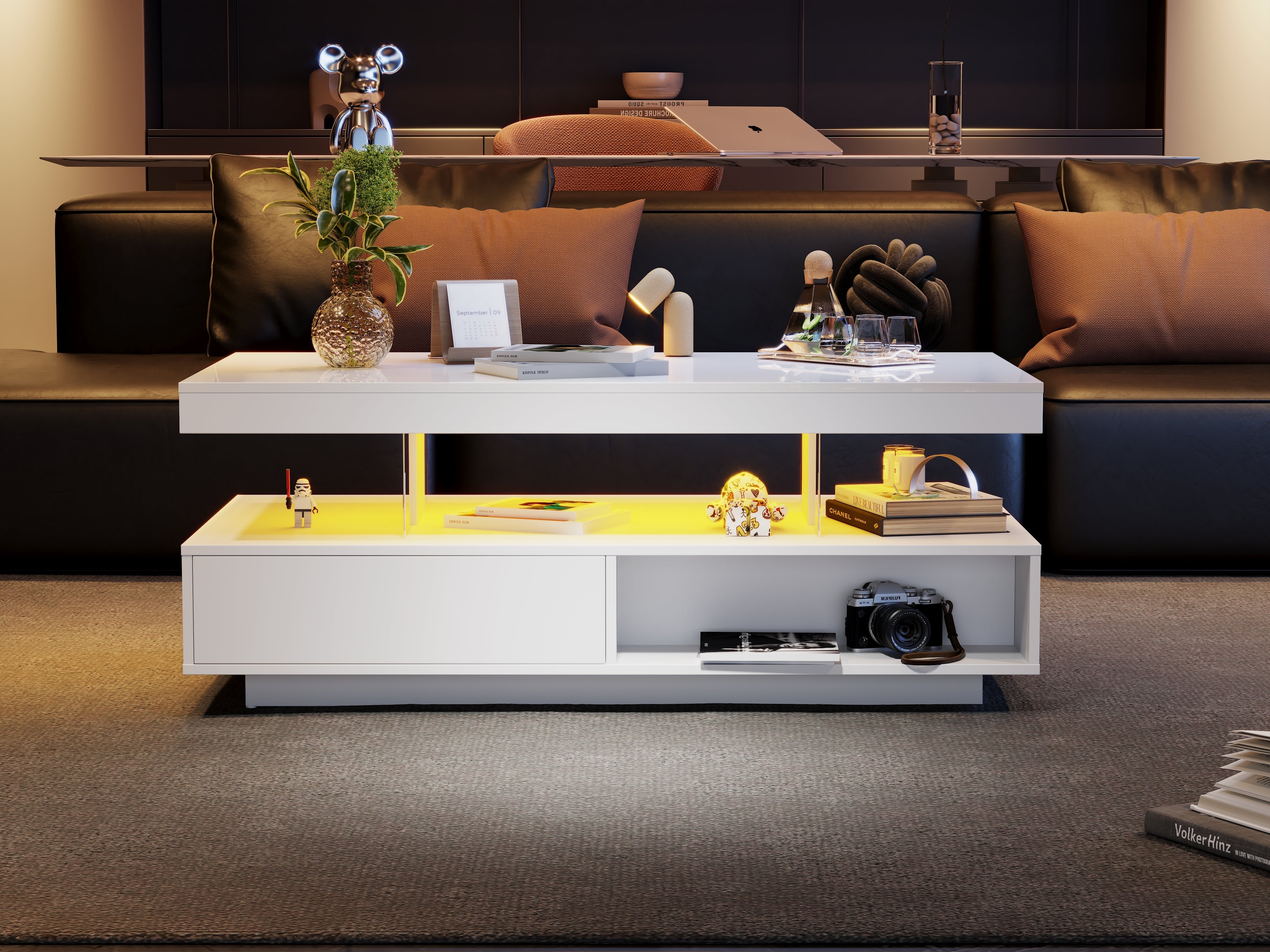 Led Coffee Table with 2 Drawer Storage, High Gloss with 16-Color Led Lights, White
