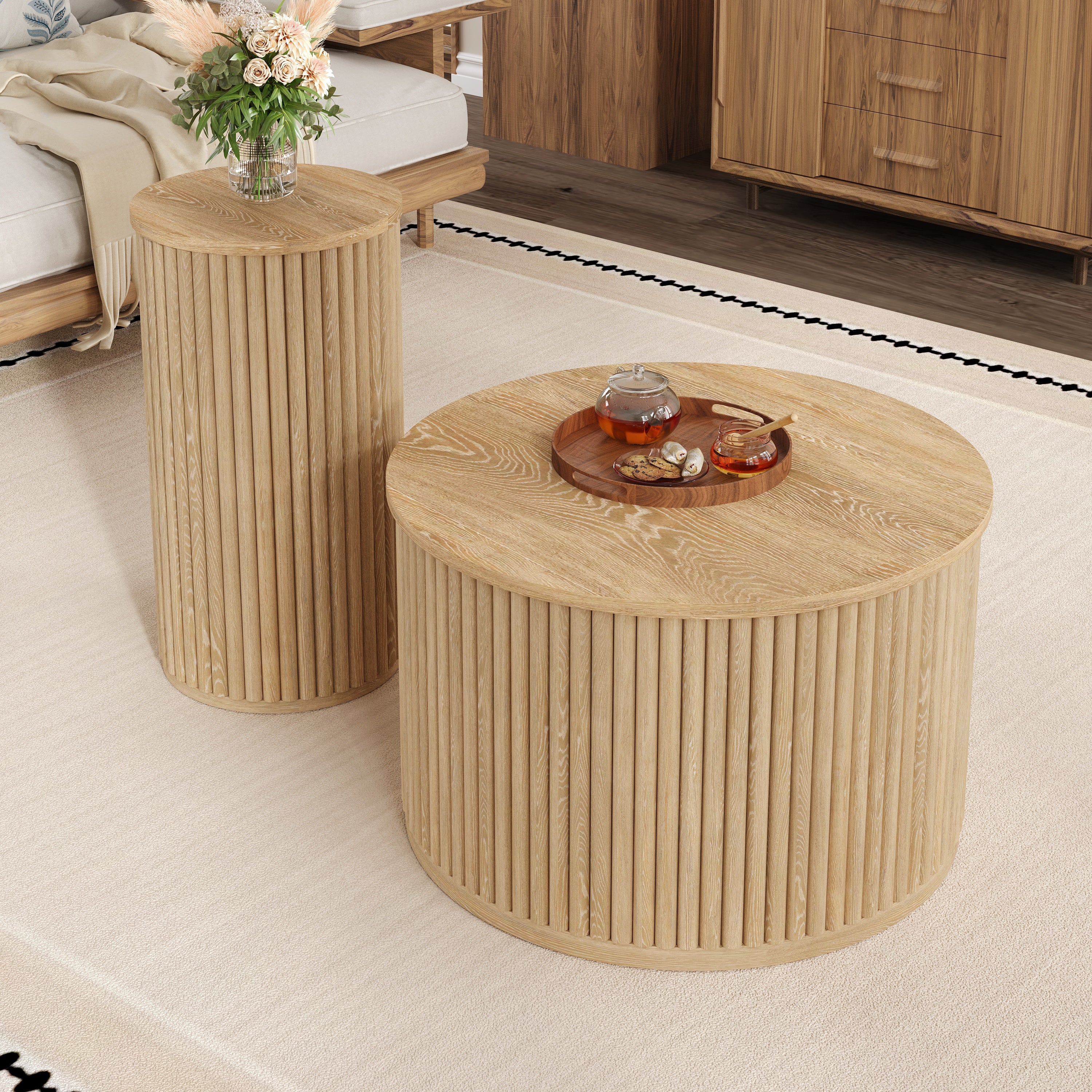 Coffee Table Double Round Slatted - Natural Wood