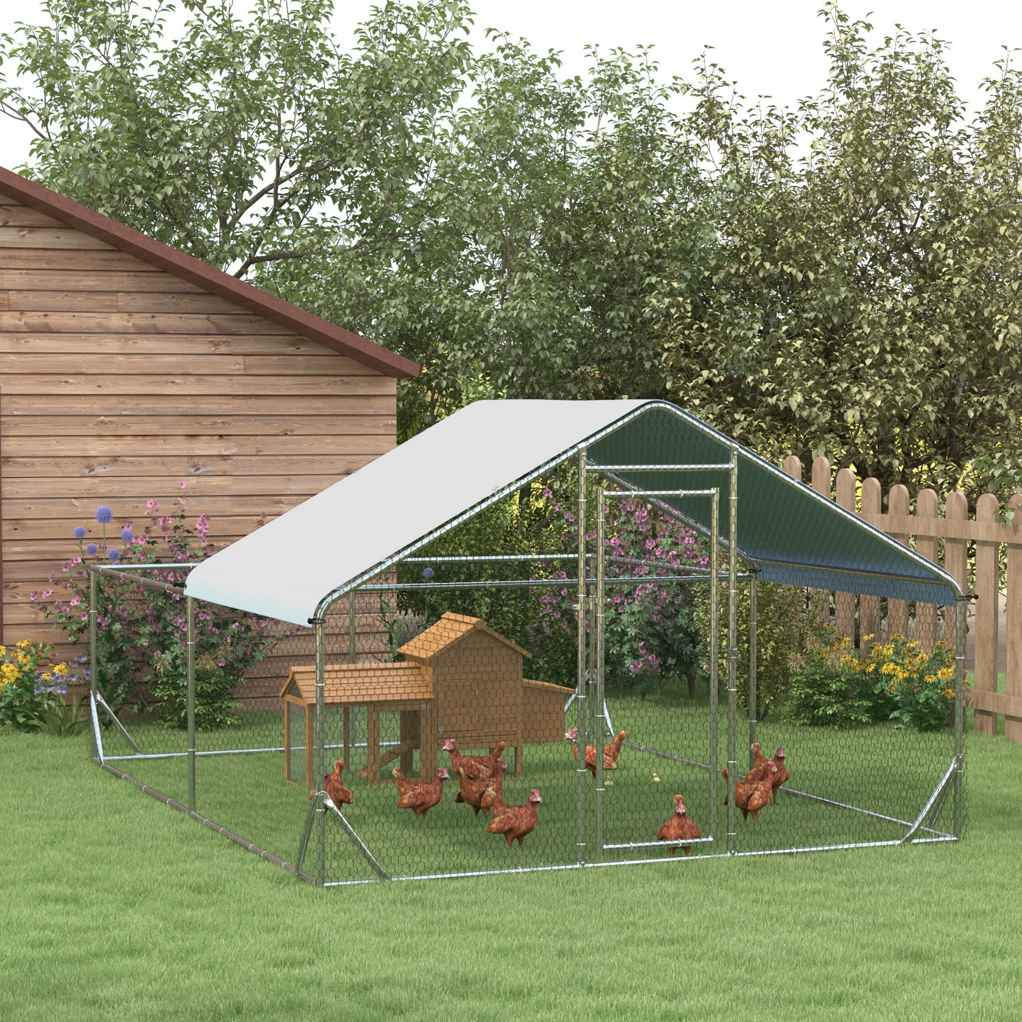 Chicken Coop Free-Range Enclosure, Sunshade Roof, Steel, Silver