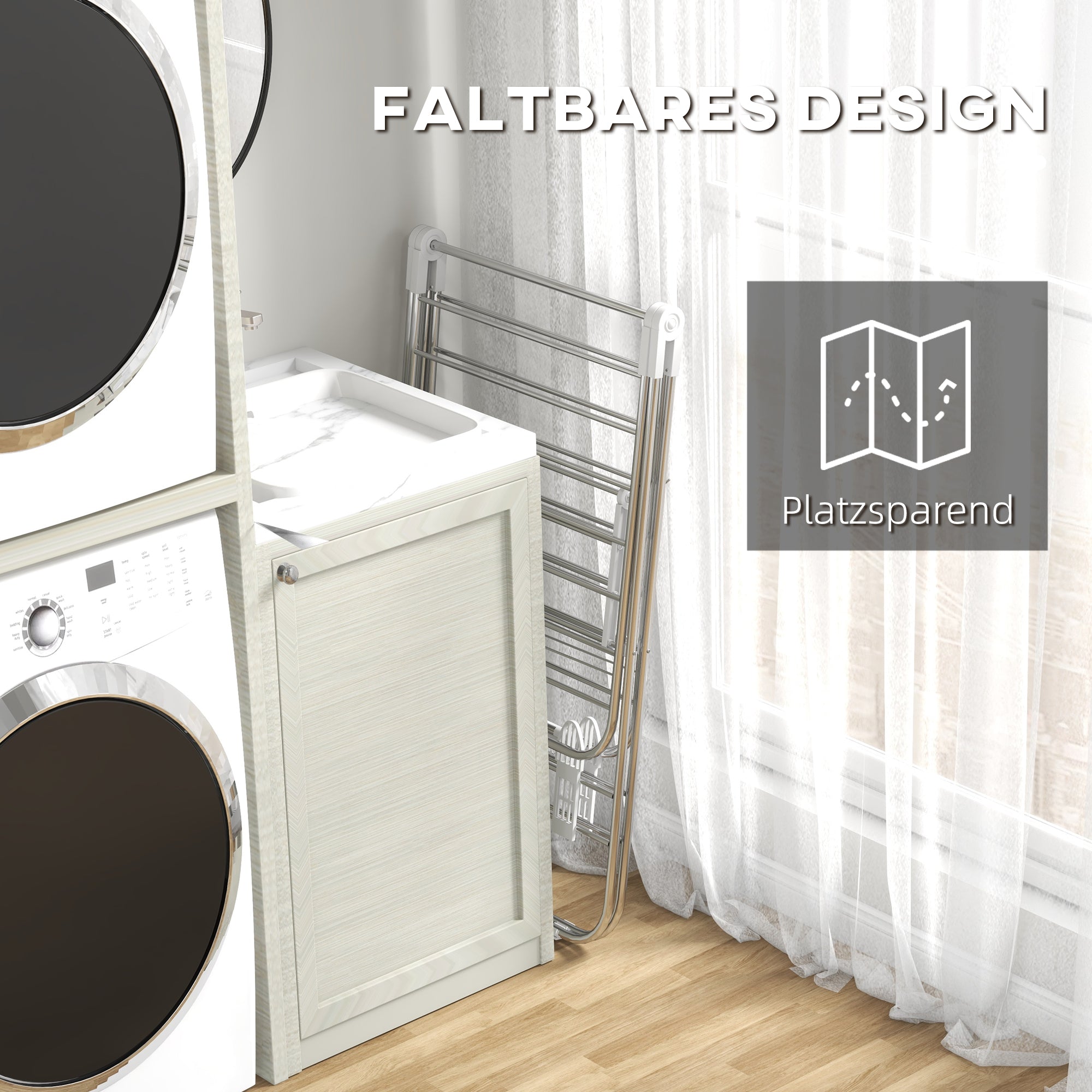 Clothes Airer, Foldable Portable with Telescopic Poles, Stainless Steel and Plastic, Silver and White