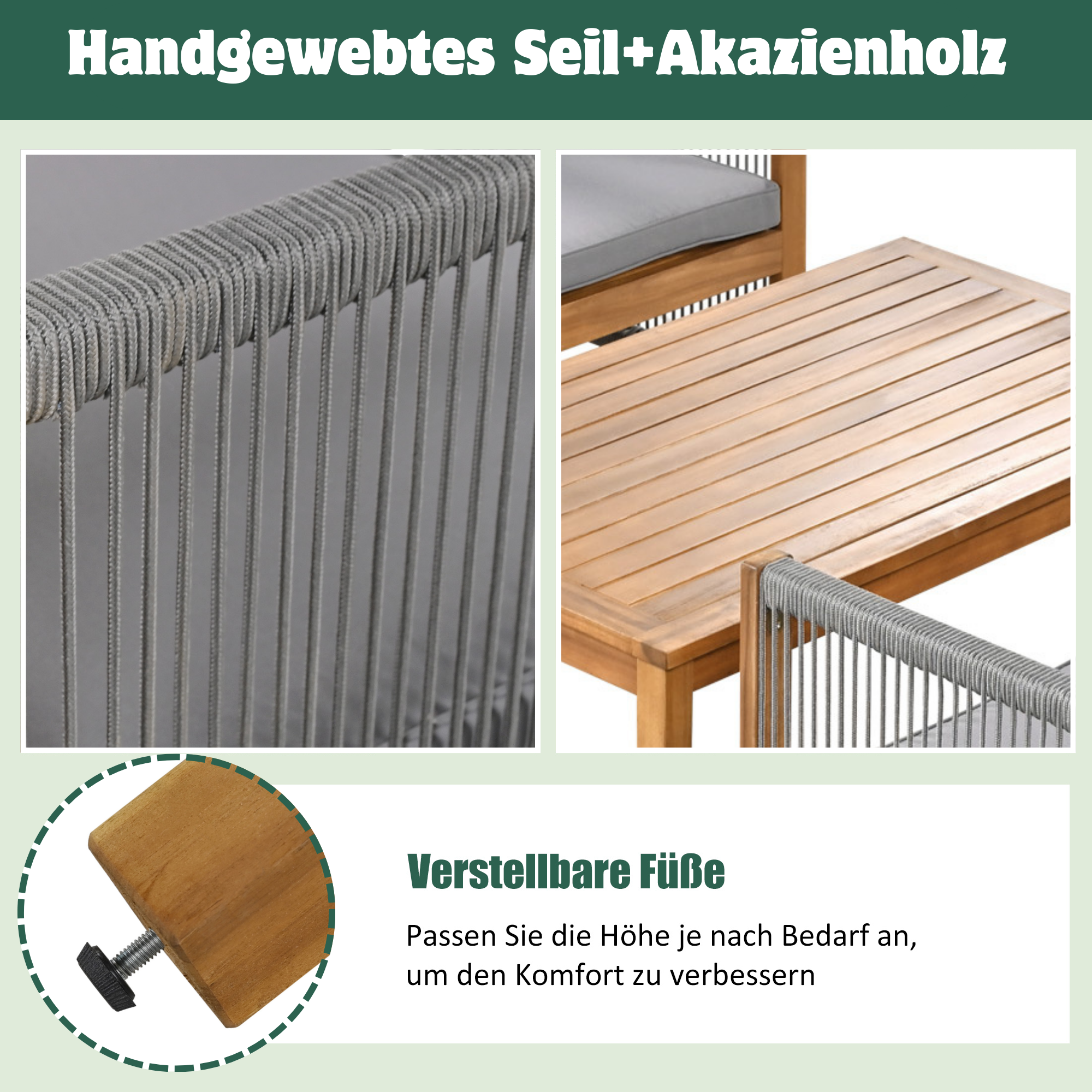 Garden Lounge Set with Sofa, 2 Armchairs and Table, Grey Rattan Look and Acacia Wood