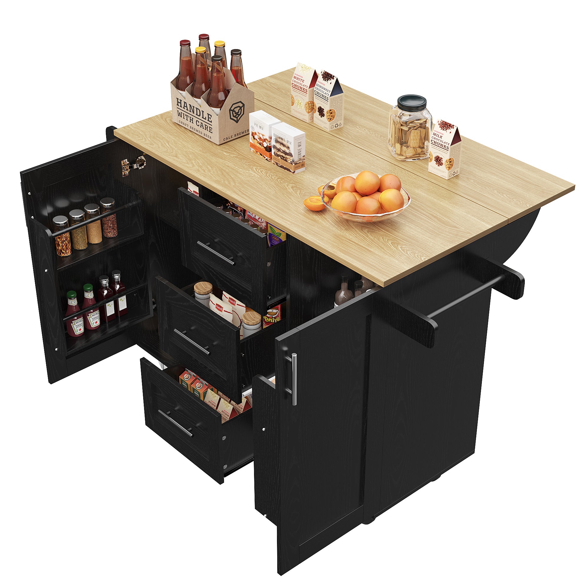 Kitchen Island Workbench Storage Removable Casters - Black