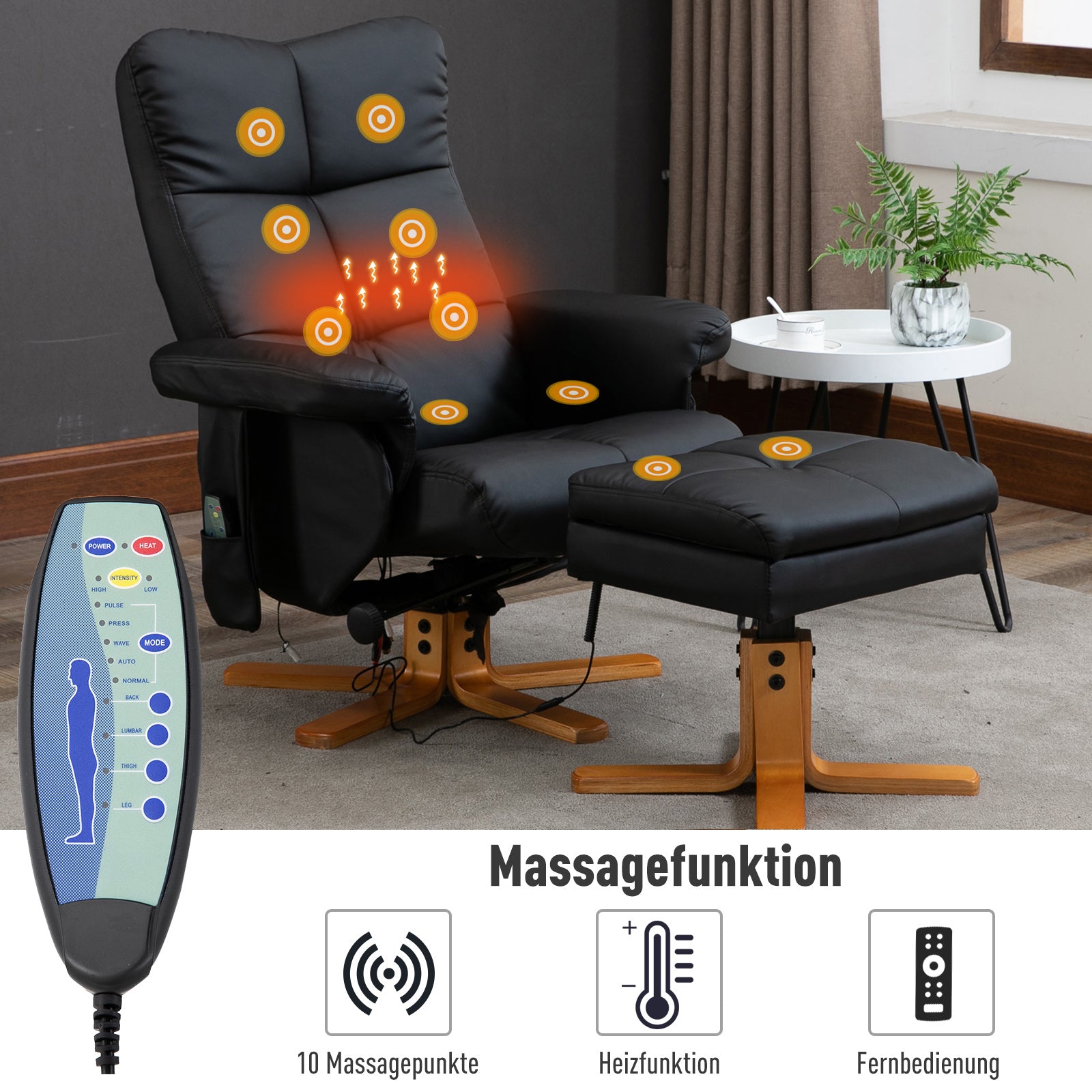 Reclining Massage Chair with Footrest Storage 145° TV Function, Polyester Black