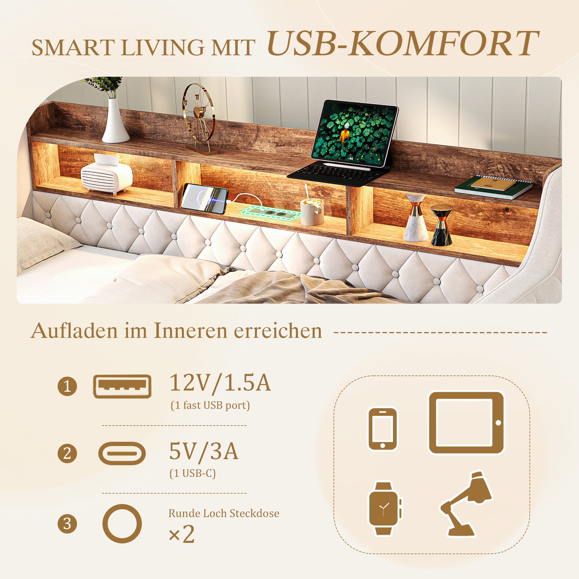 Sofa Bed Space-Saving 90x190cm Storage LED USB-C Port, Velvet Beige